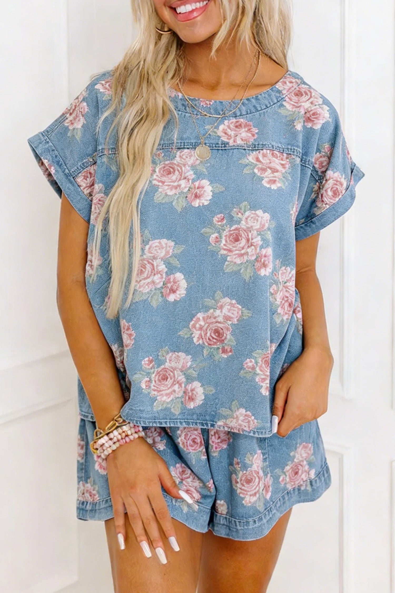 Sky Blue Floral Denim Short Sleeve Top & Loose Shorts 2pcs Set