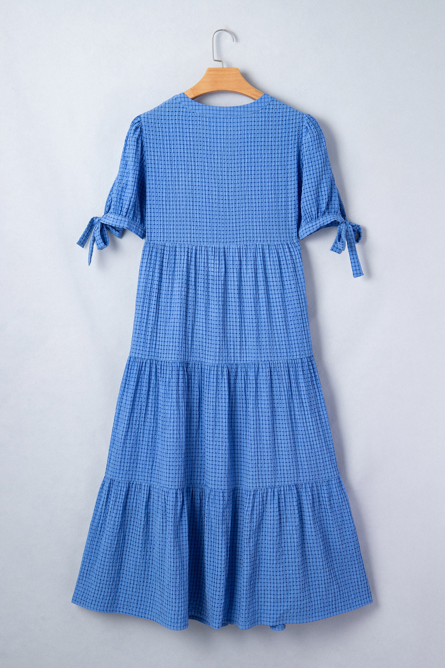 Dusk Blue & Yellow Gingham Bow Tie V-Neck Tiered Midi Dress | Pockets