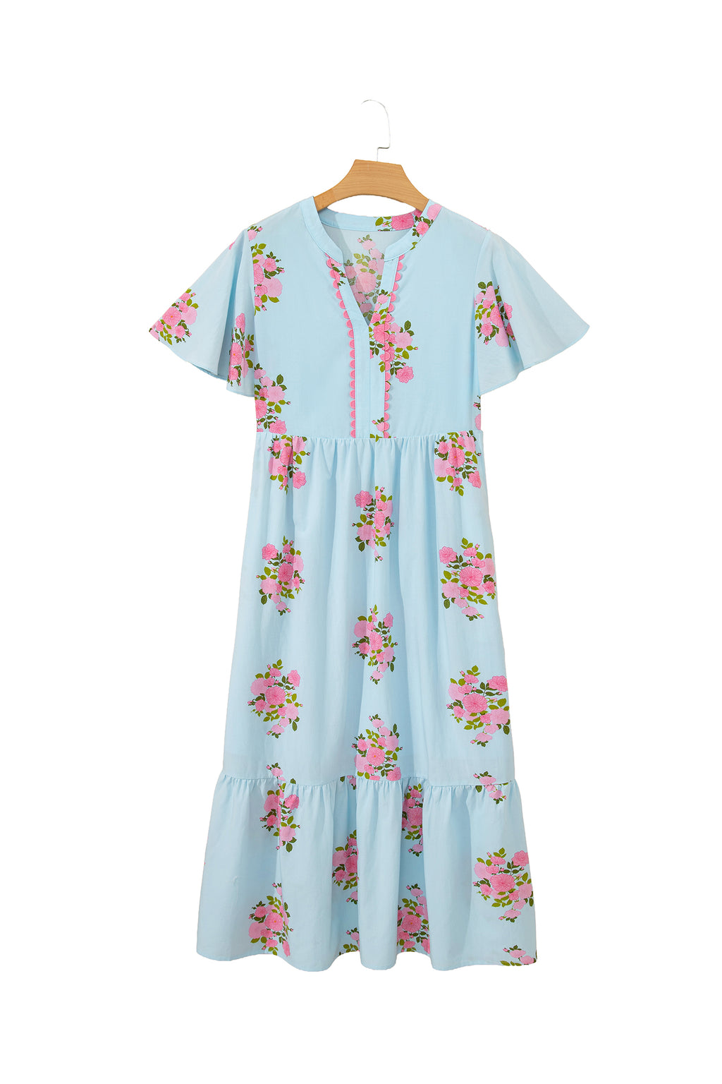 Women's Women's Floral Maxi Dress Flutter Sleeve Notched Neck Summer Holiday Pink Blue at LivelyLooks