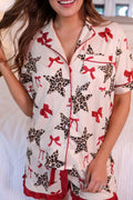 White Leopard Star & Bow Print Short Pyjama Set | Sizes 8-22