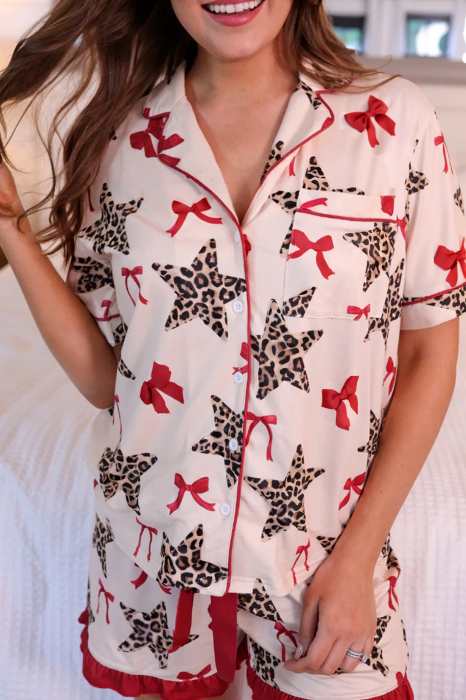 White Leopard Star & Bow Print Short Pyjama Set | Sizes 8-22