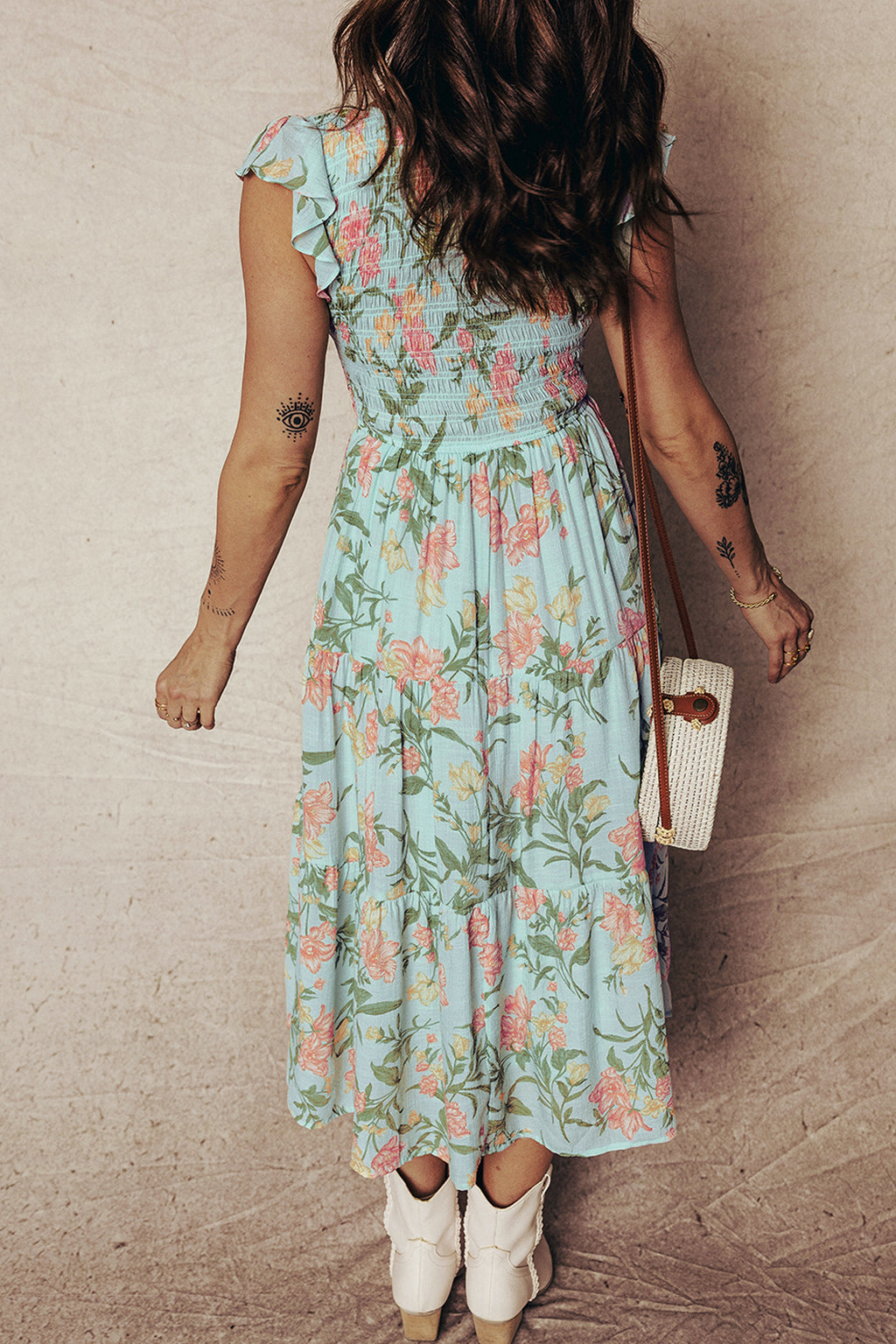 Women's Smocked Bodice Ruffled Sleeveless Tiered Floral Maxi Dress at LivelyLooks