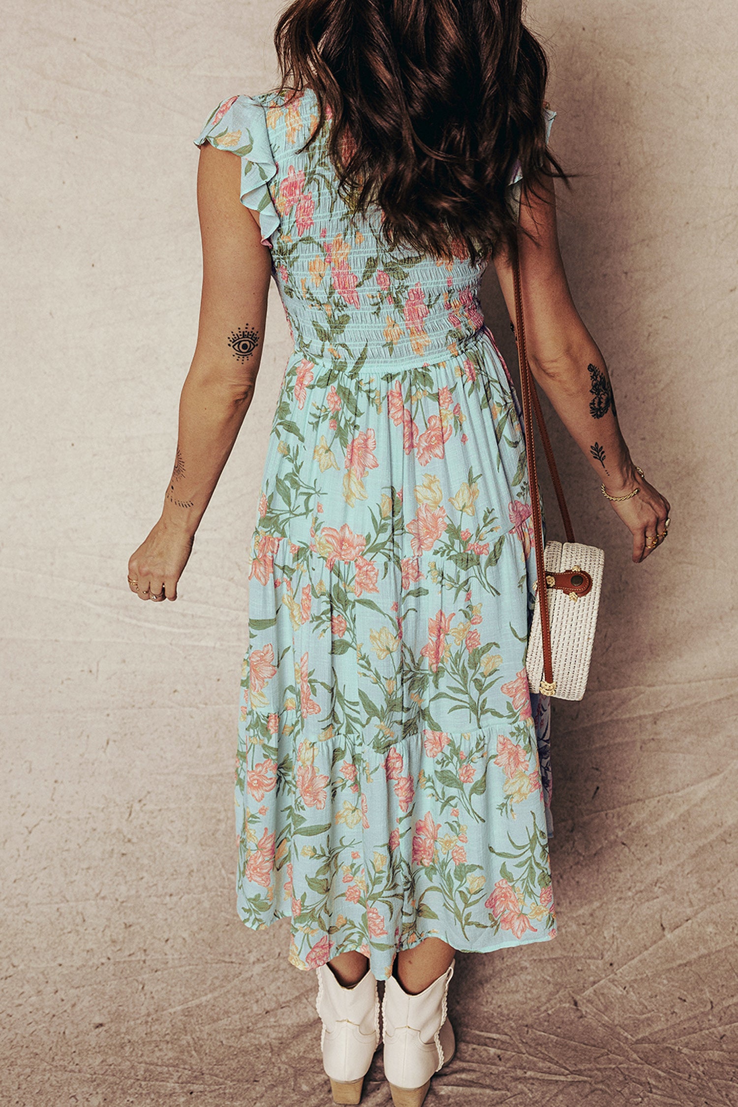 Women's Smocked Bodice Ruffled Sleeveless Tiered Floral Maxi Dress at LivelyLooks