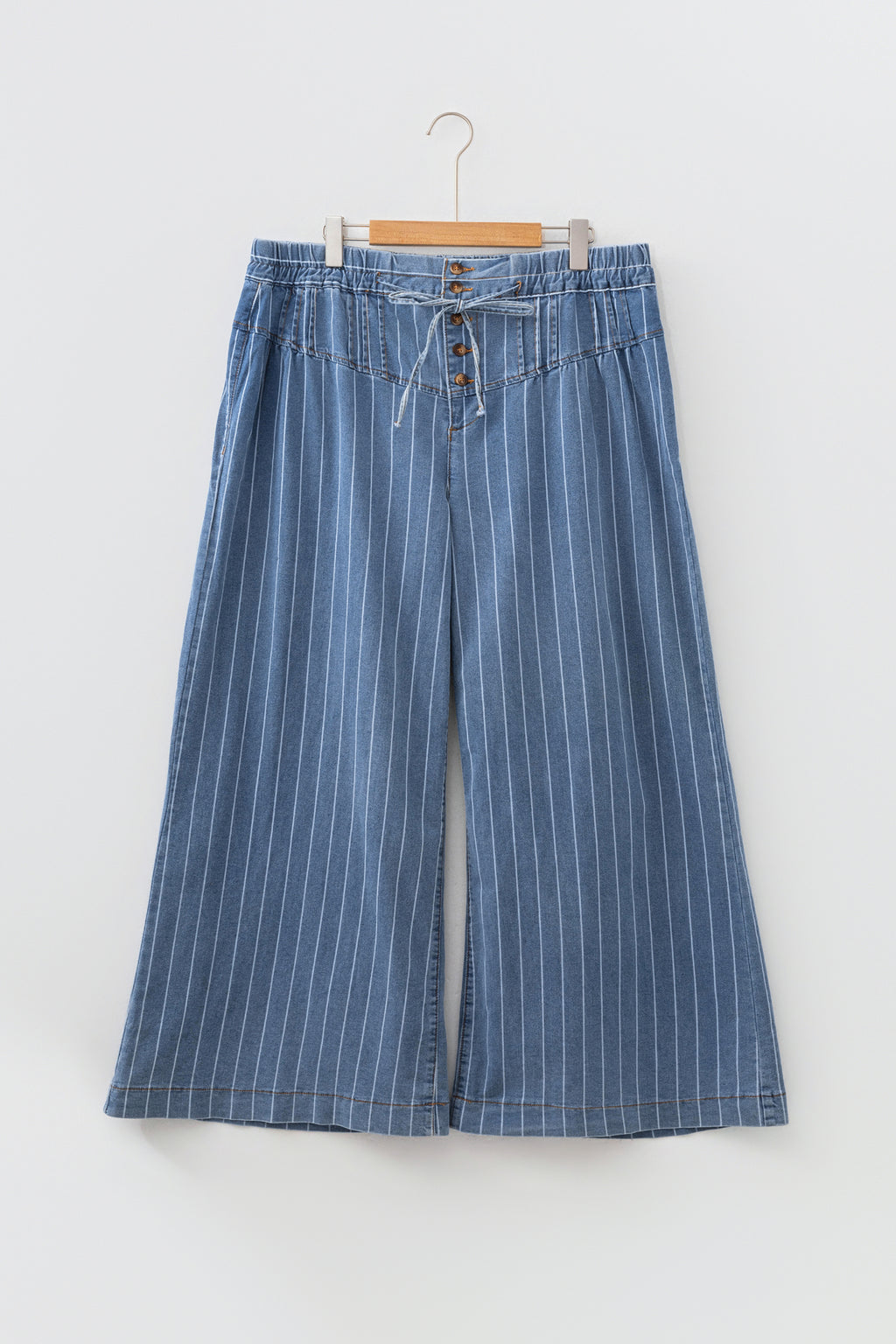 Sky Blue Stripe Plus Size Wide Leg Denim Trousers Button Front Drawstring 1X-4X