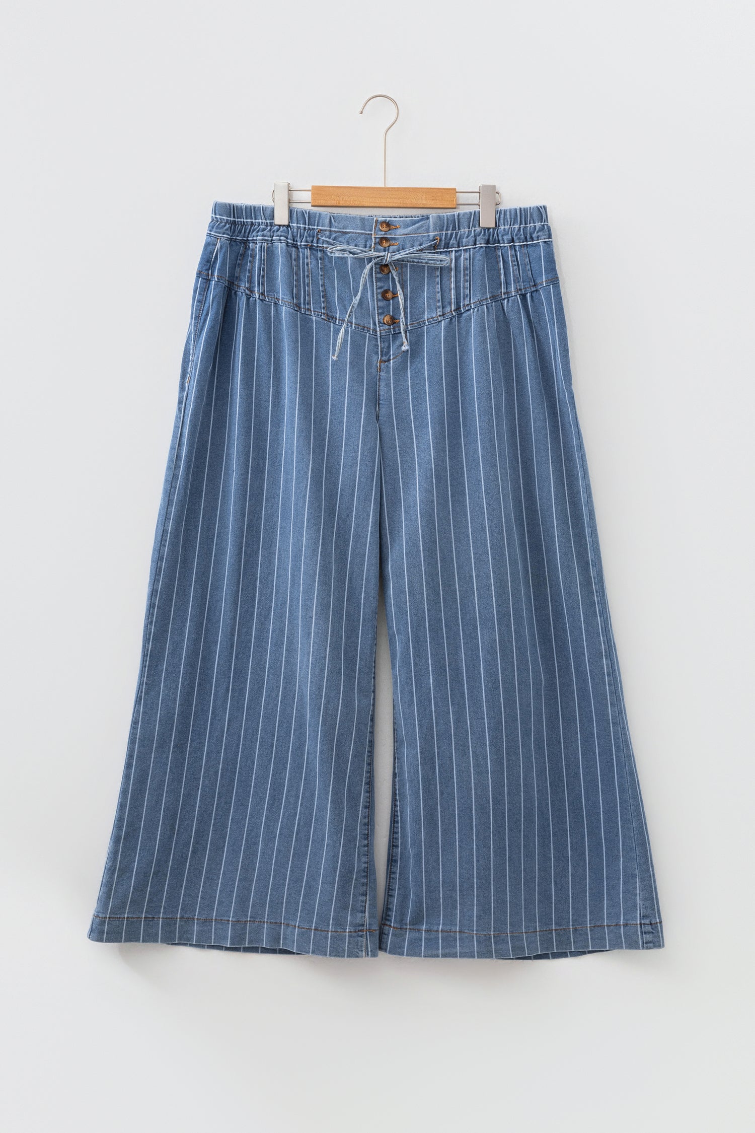 Sky Blue Stripe Plus Size Wide Leg Denim Trousers Button Front Drawstring 1X-4X