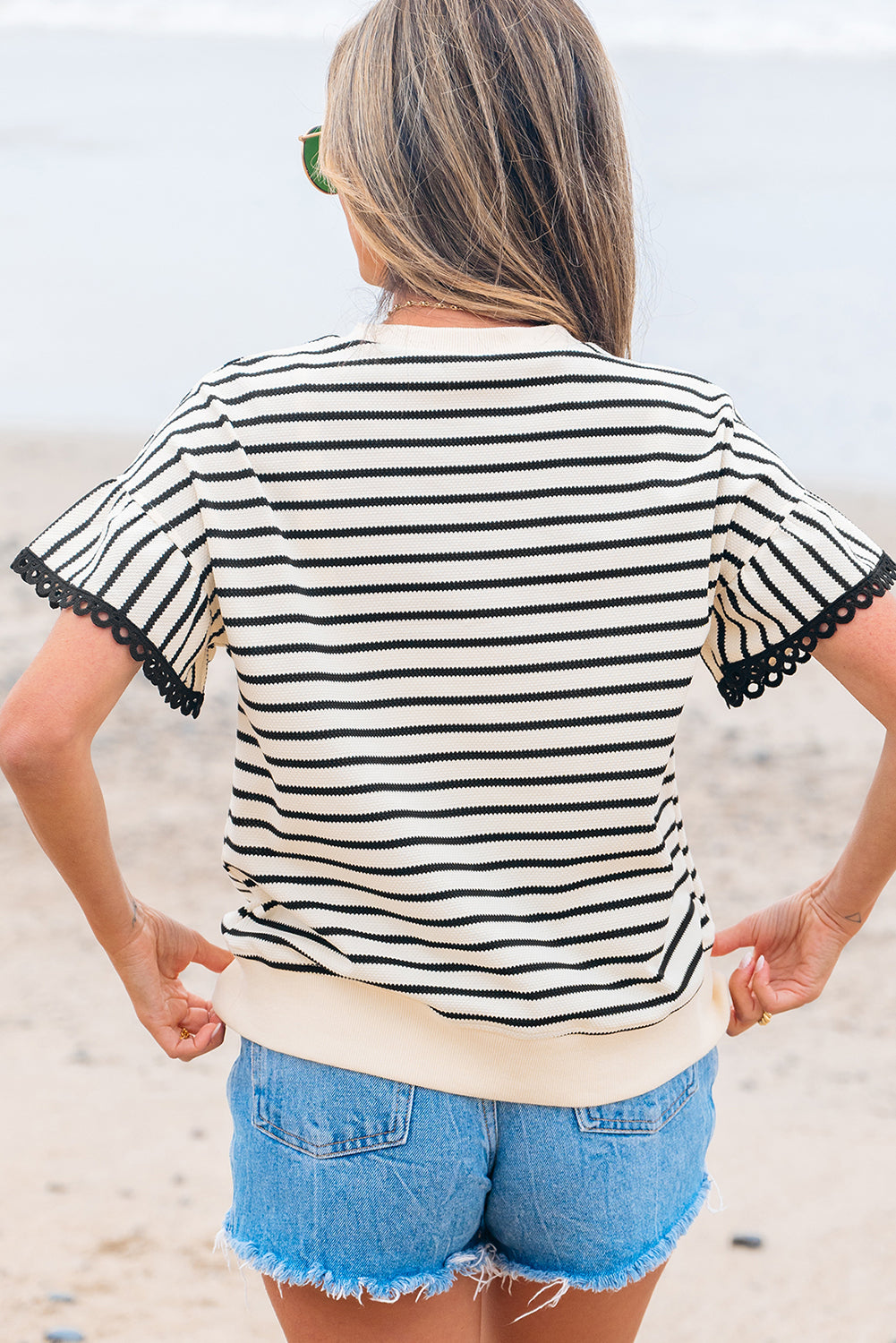 Black Stripe Ruffle Sleeve Crewneck Top | Lace Trim | S-XL