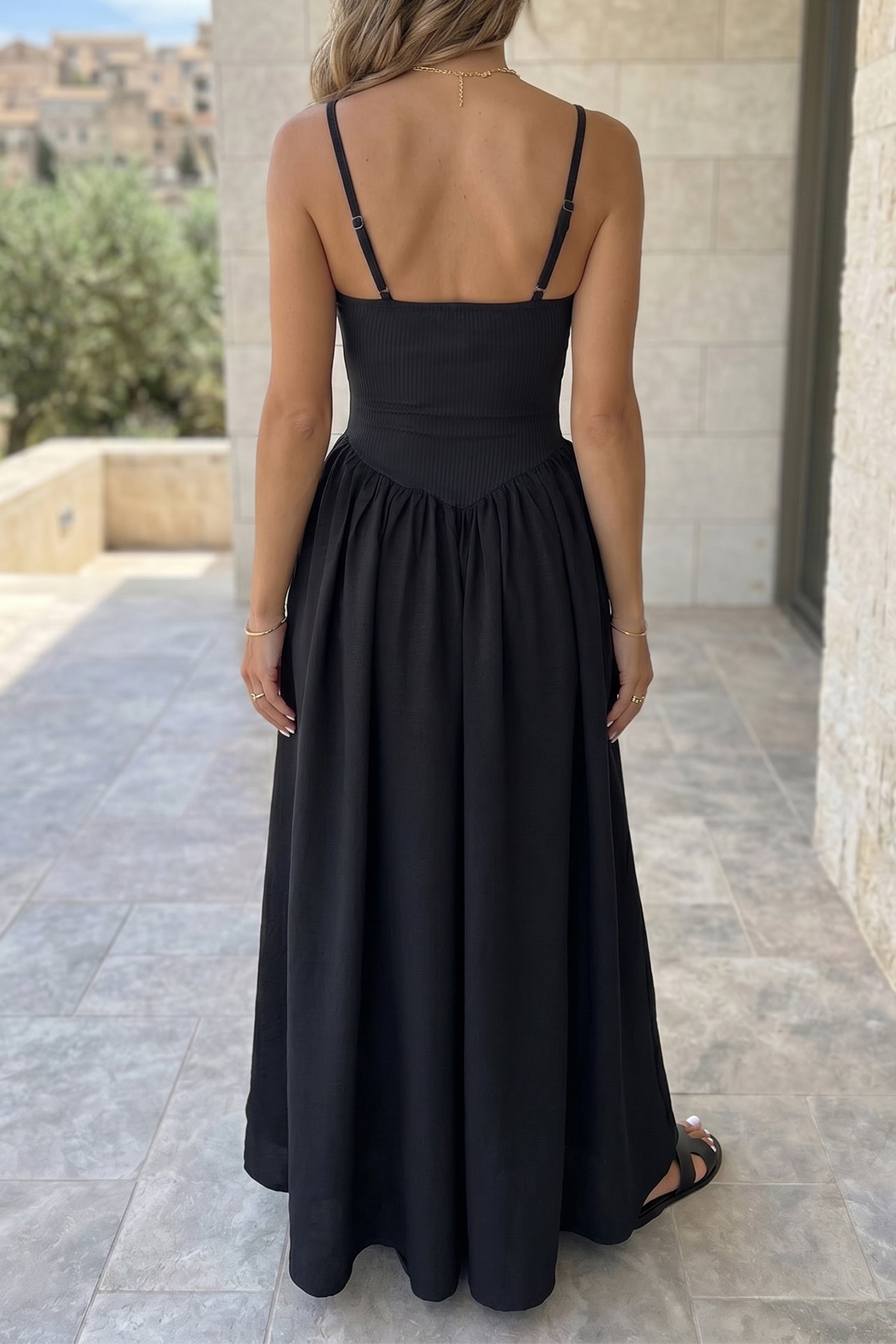 Black Spaghetti Strap Drop Waist Ribbed Patchwork Maxi Dress