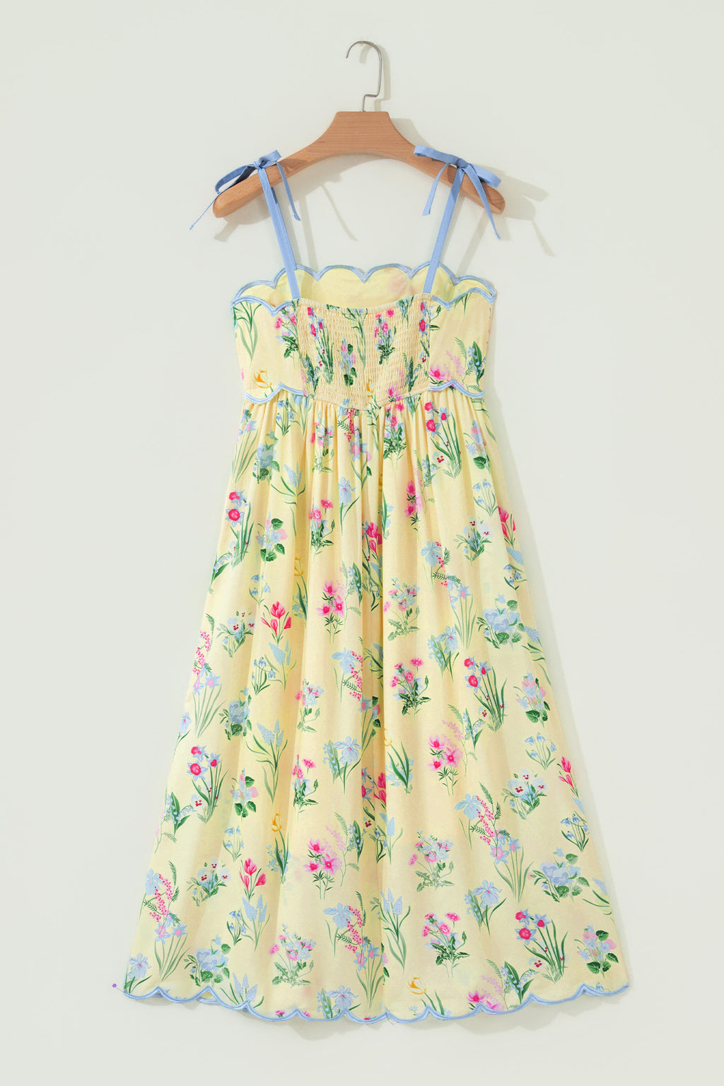 Floral Midi Dress Contrast Trim Self-Tie Straps High Waist Beige Pink Yellow