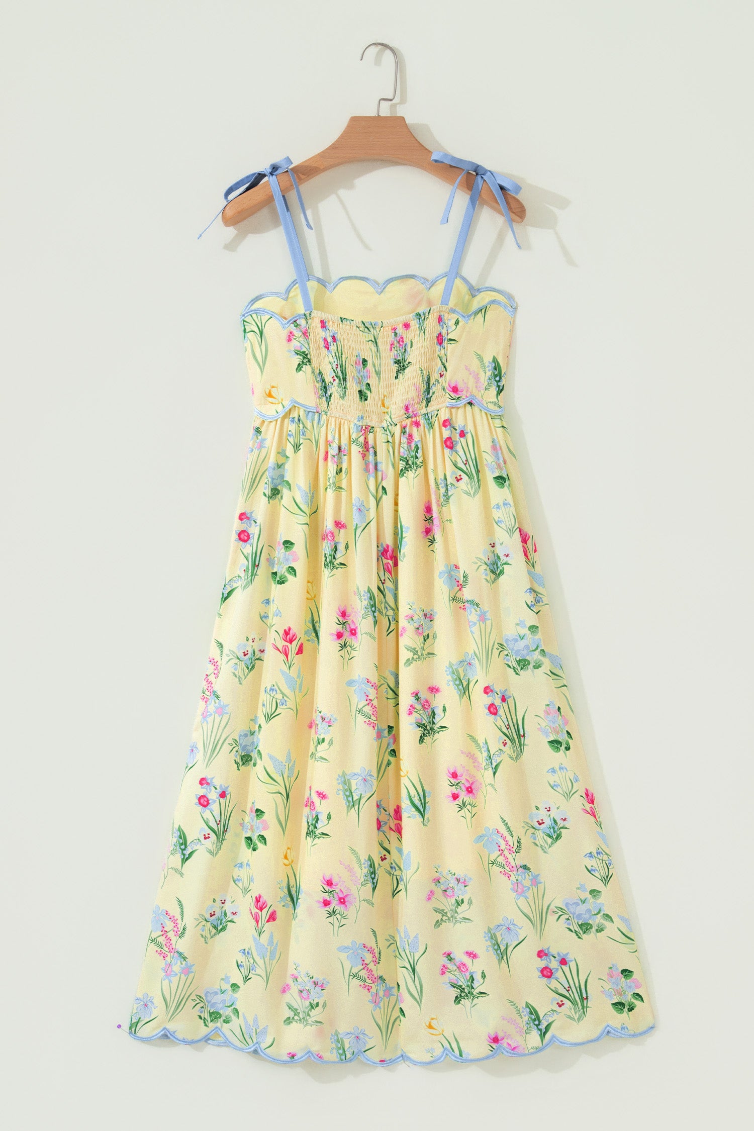 Floral Midi Dress Contrast Trim Self-Tie Straps High Waist Beige Pink Yellow