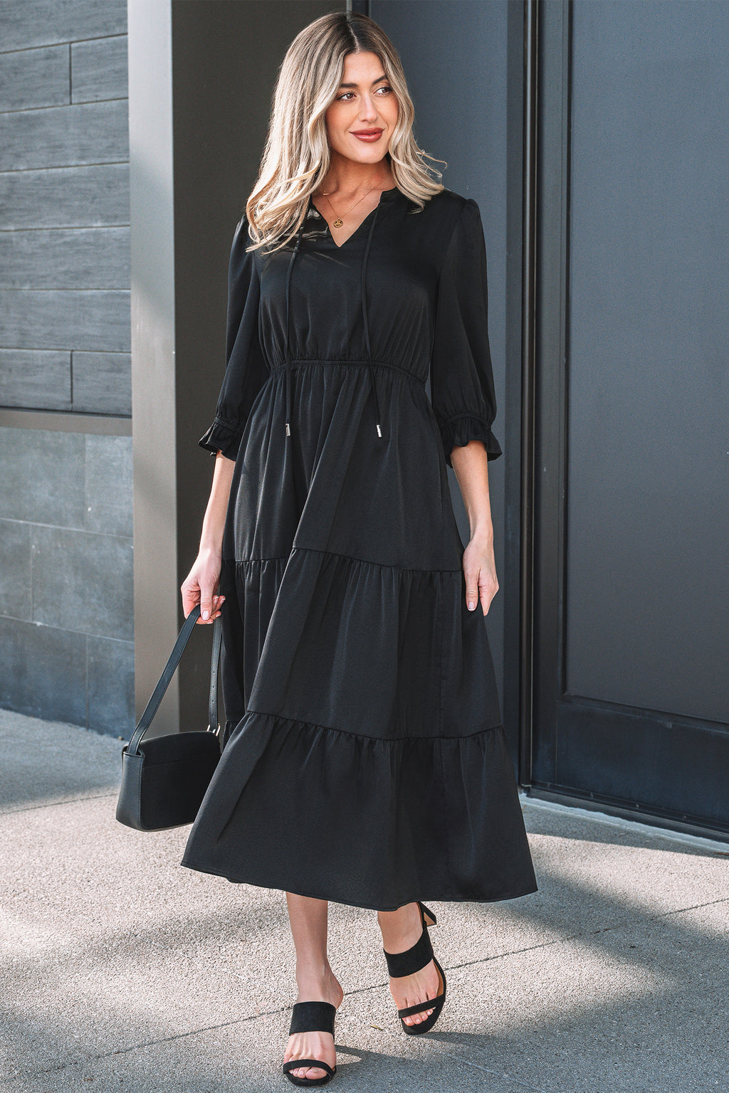 Black Tiered Maxi Dress Flounced Bracelet Sleeve V Neck Women S-XL