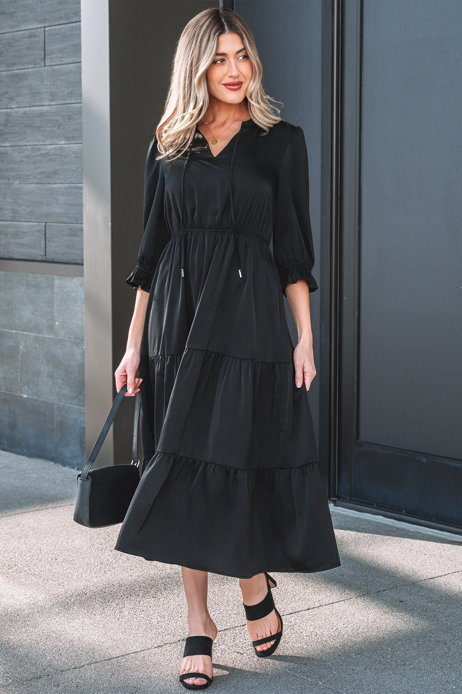 Black Tiered Maxi Dress Flounced Bracelet Sleeve V Neck Women S-XL