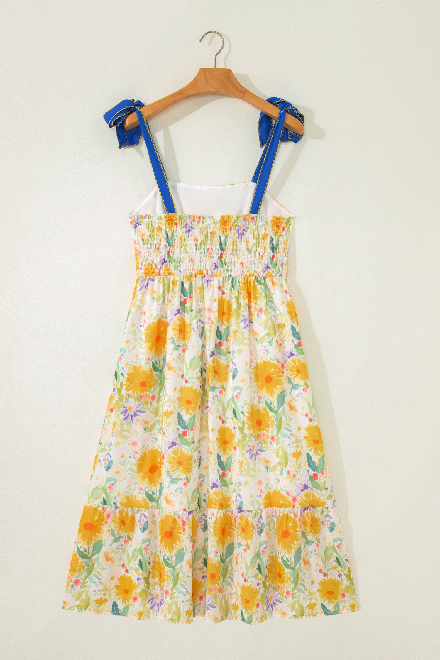 Shop Yellow Floral Print Contrast Stitched Knot Denim Straps High Waist Dress at LivelyLooks