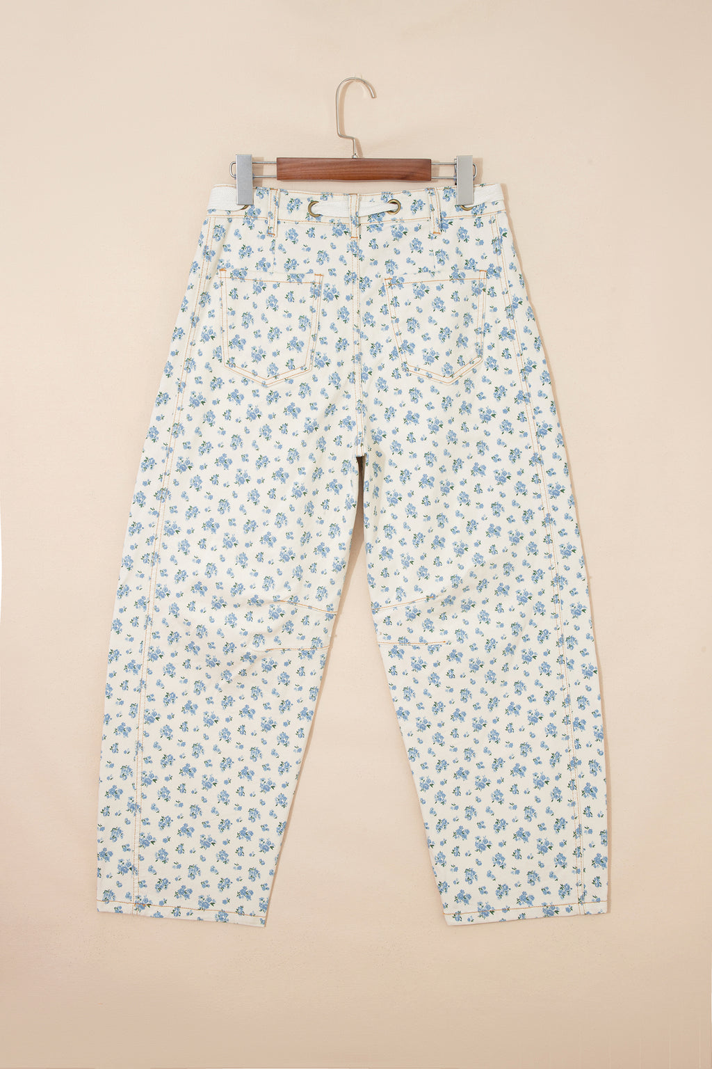 Beige Grommet Knot Waist Floral Barrel Leg Jeans | UK 8–18