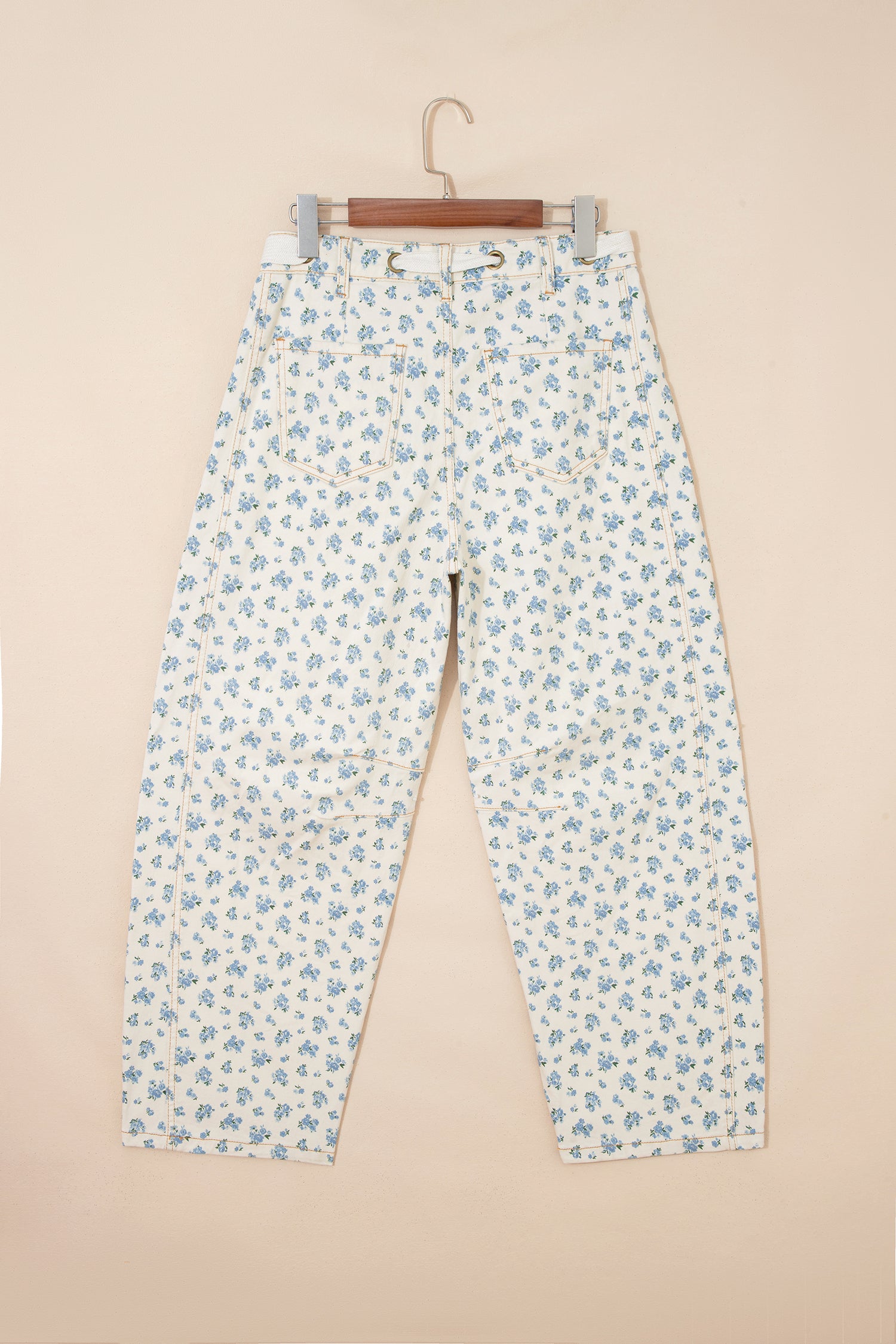 Beige Grommet Knot Waist Floral Barrel Leg Jeans | UK 8–18