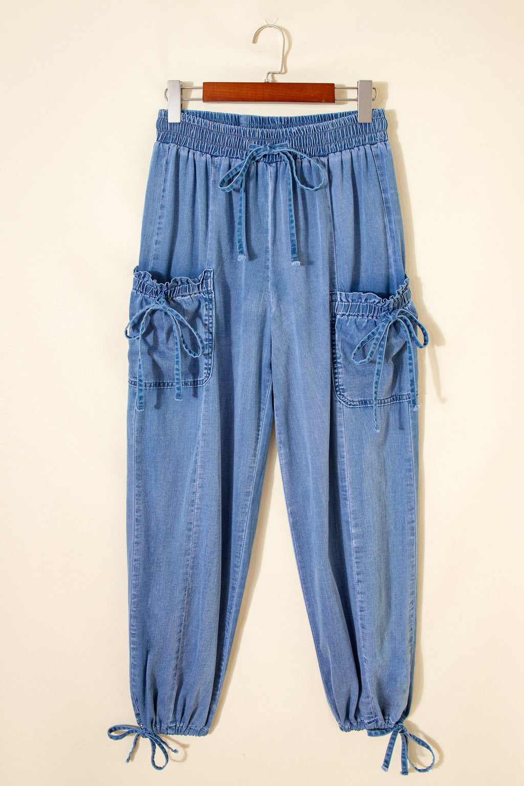 Beau Blue Drawstring Elastic Waist Pocketed Loose Denim Pants | UK 8–18