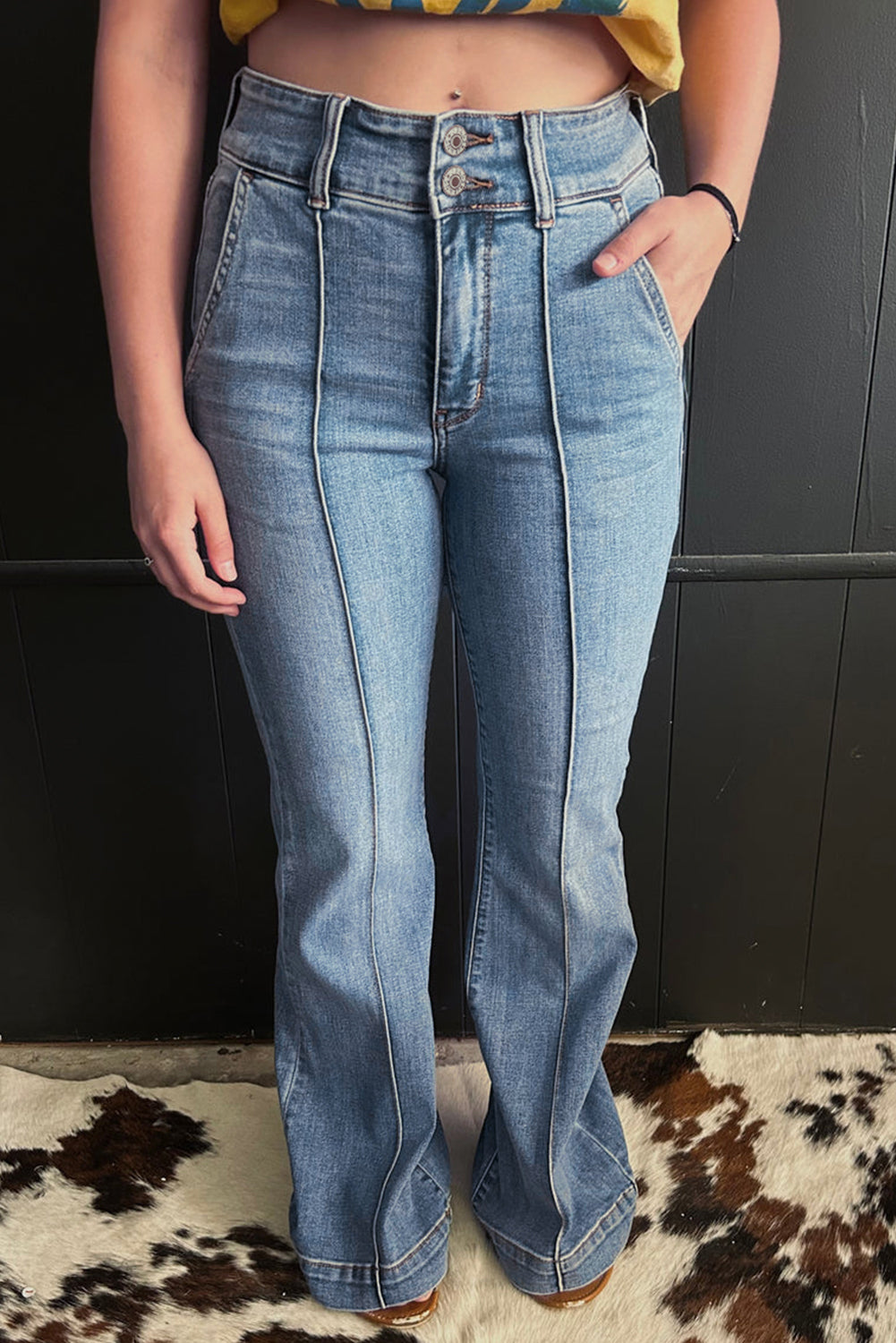 Shop Dusk Blue 2 Button High Waist Piping Trim Bootcut Jeans at LivelyLooks