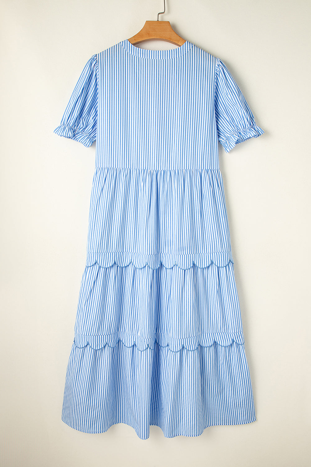 LivelyLooks Women's Blue Stripe Bubble Sleeve Tiered Scallop Maxi Dress S-XL women's fashion