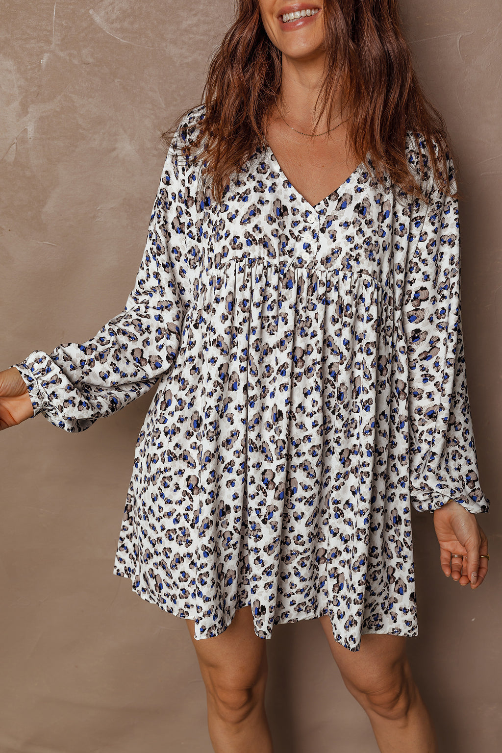 Women's Multicolour Leopard Print V Neck Button Detail Long Sleeve Mini Dress at LivelyLooks