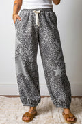 Grey Leopard Print Jogger Pants Star Patch Drawstring Elastic Waist Women S-XL