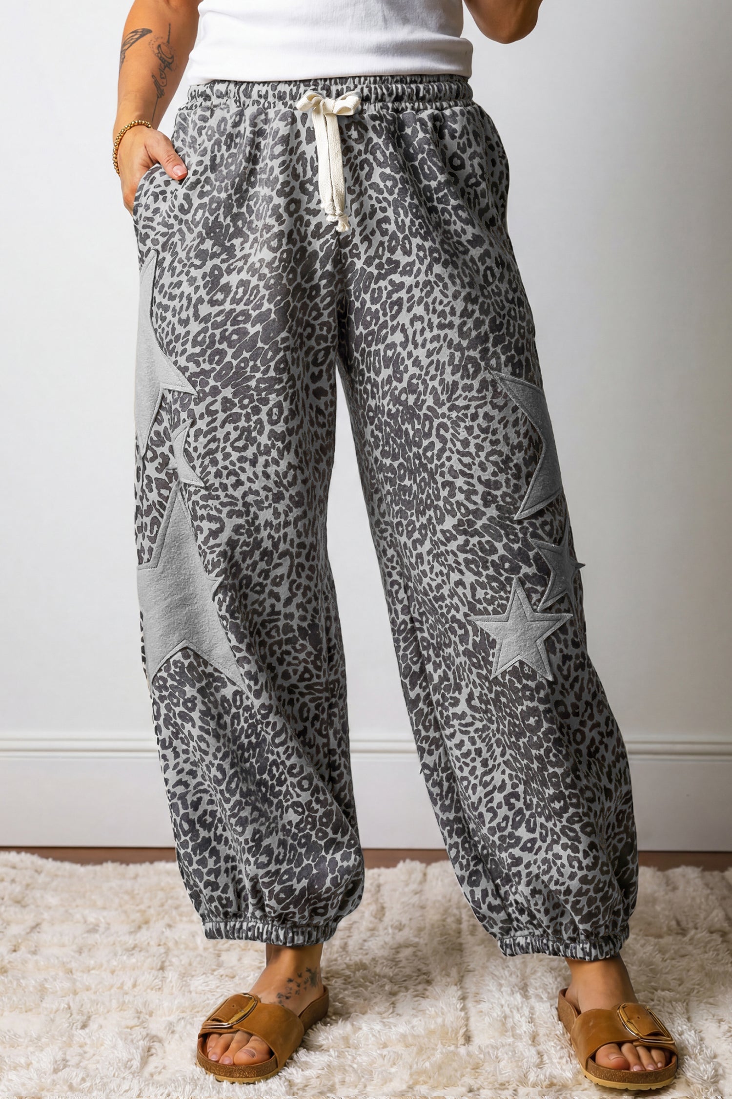 Grey Leopard Print Jogger Pants Star Patch Drawstring Elastic Waist Women S-XL