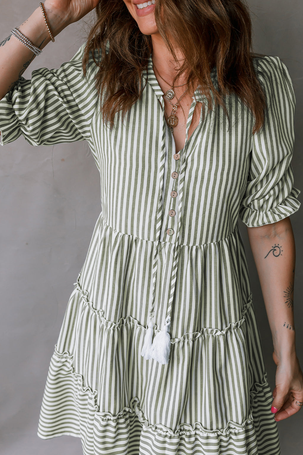 Green Stripe Tiered Dress Tasseled Tie Neck Ruffled Short Sleeve Women S-XL
