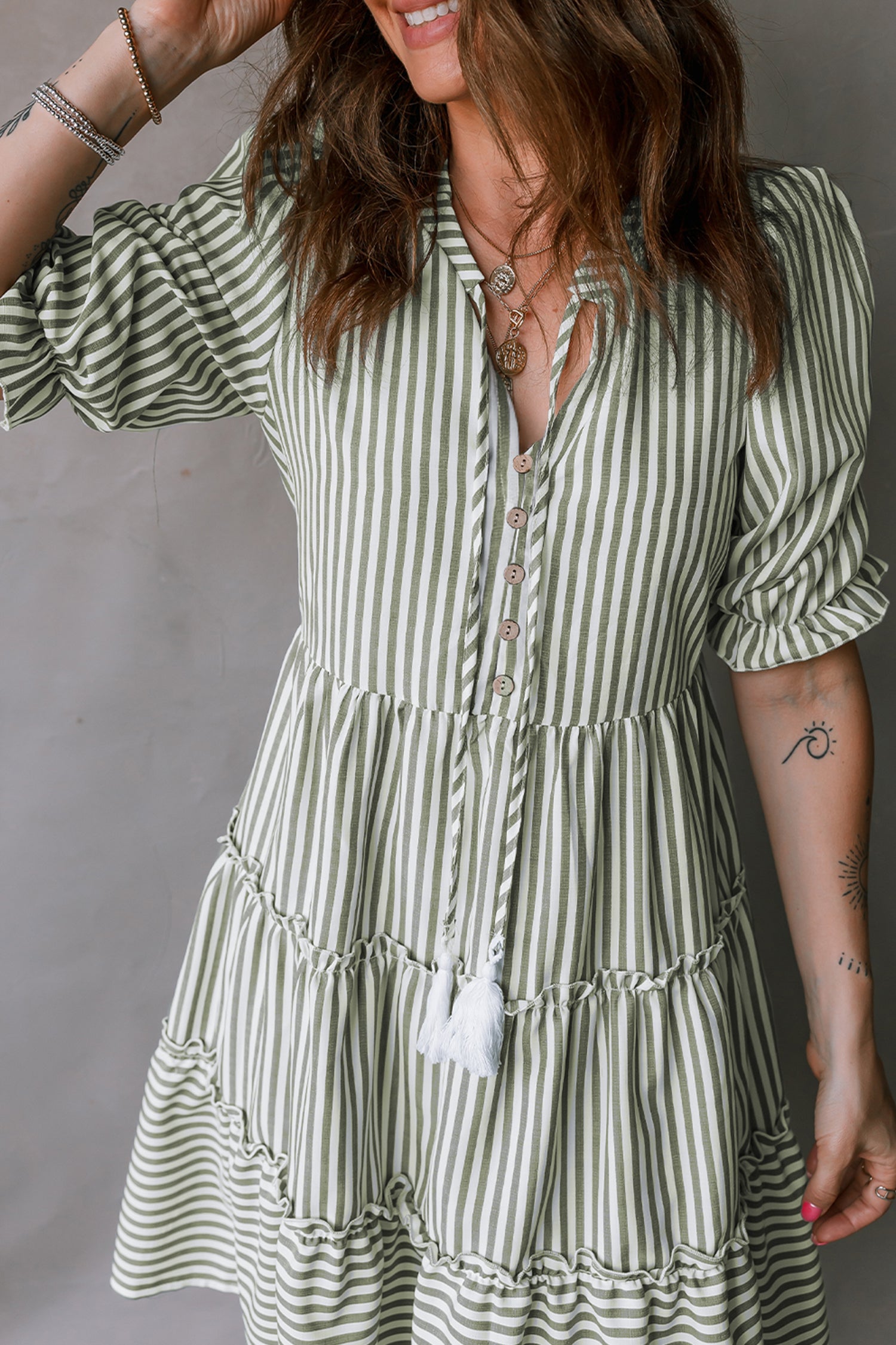 Green Stripe Tiered Dress Tasseled Tie Neck Ruffled Short Sleeve Women S-XL