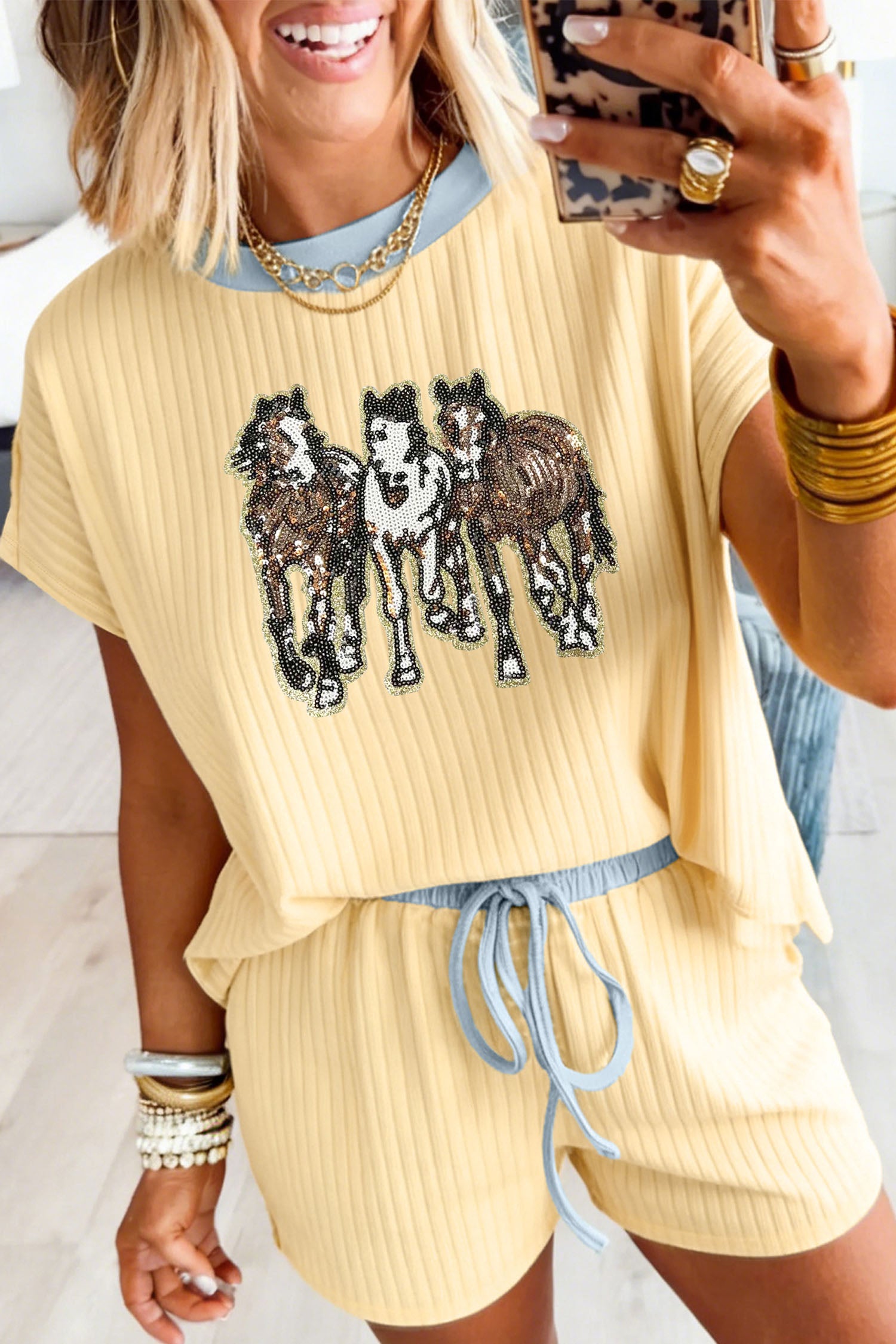 Yellow Ribbed Knit Sequin Horse Patch Short Set | Sizes 8-26