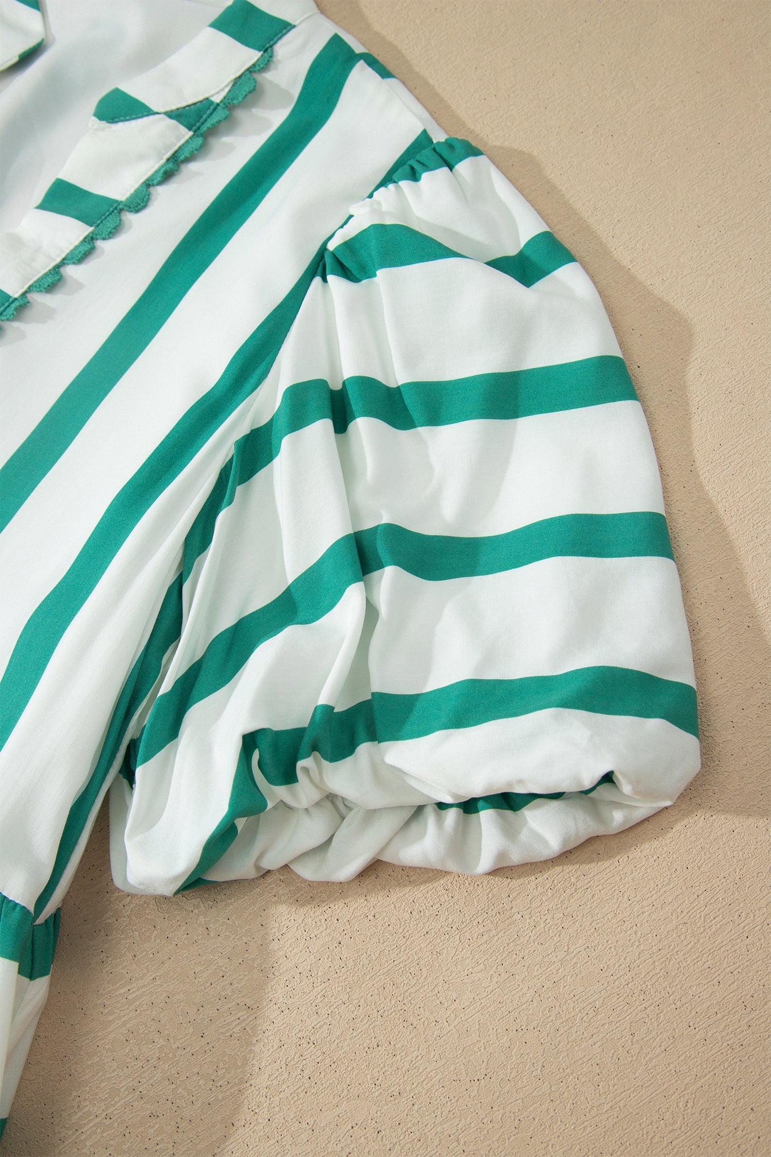 Stripe Ricrac Notch V-Neck Puff Sleeve Midi Dress Green Sky Blue S-XL