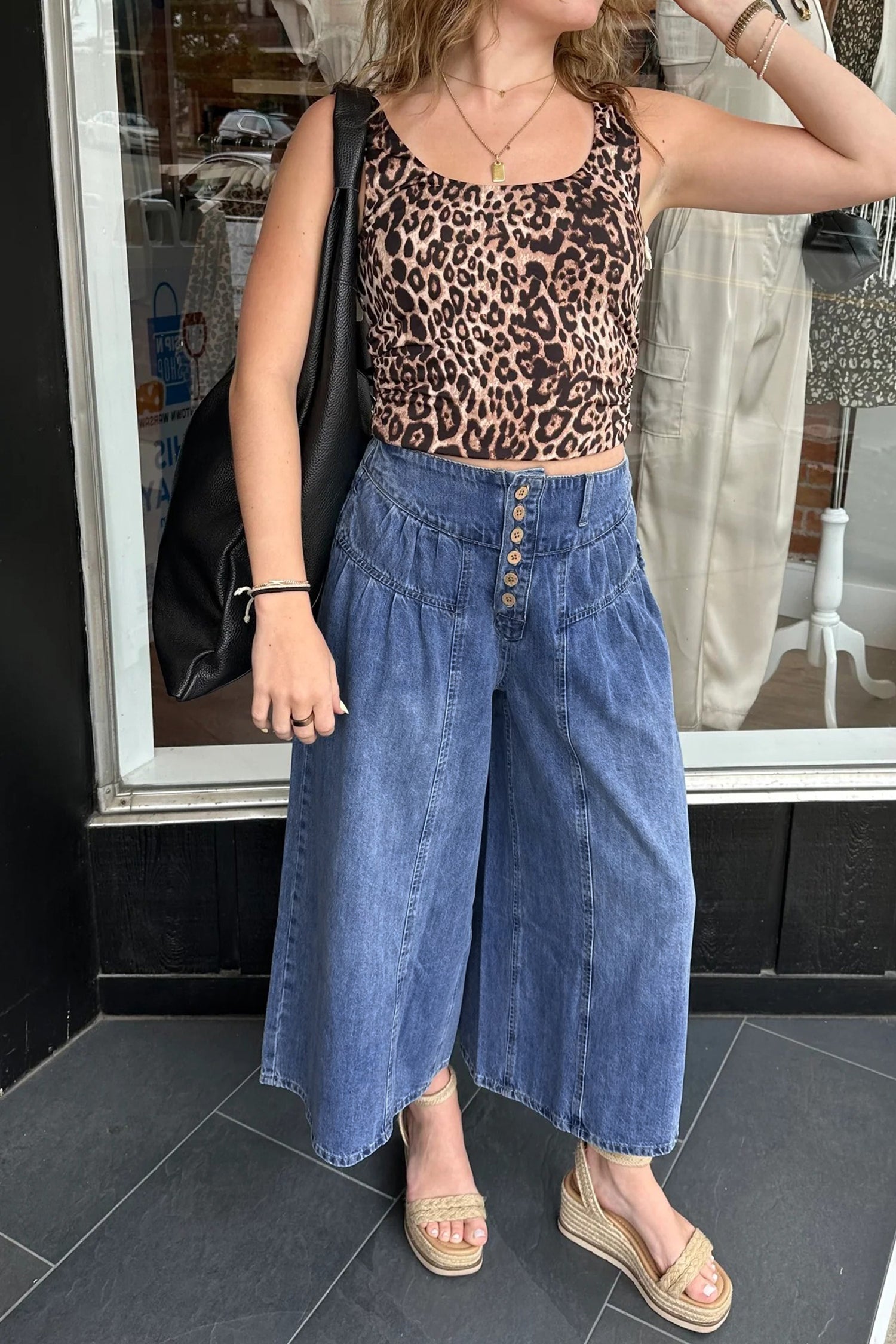 Dusk Blue High Rise Buttons Pleated Cropped Wide Leg Denim Pants | UK 8–18