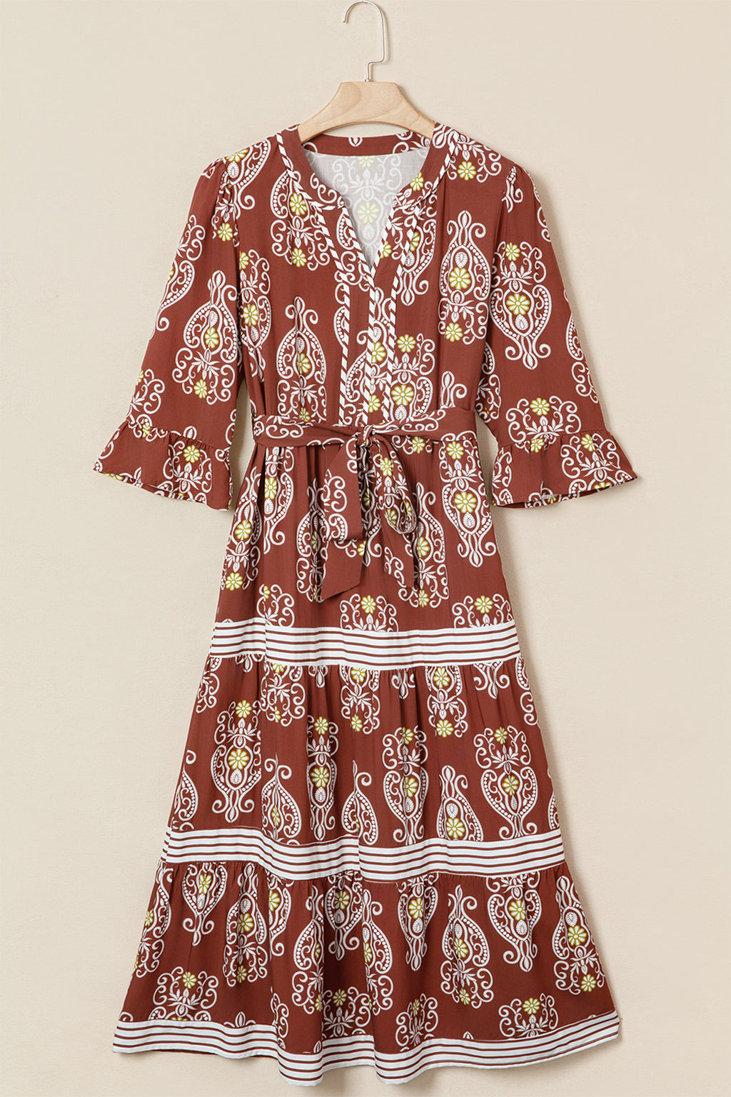 Brown Floral Print Belted Striped Trim Tiered Maxi Dress | Boho Summer