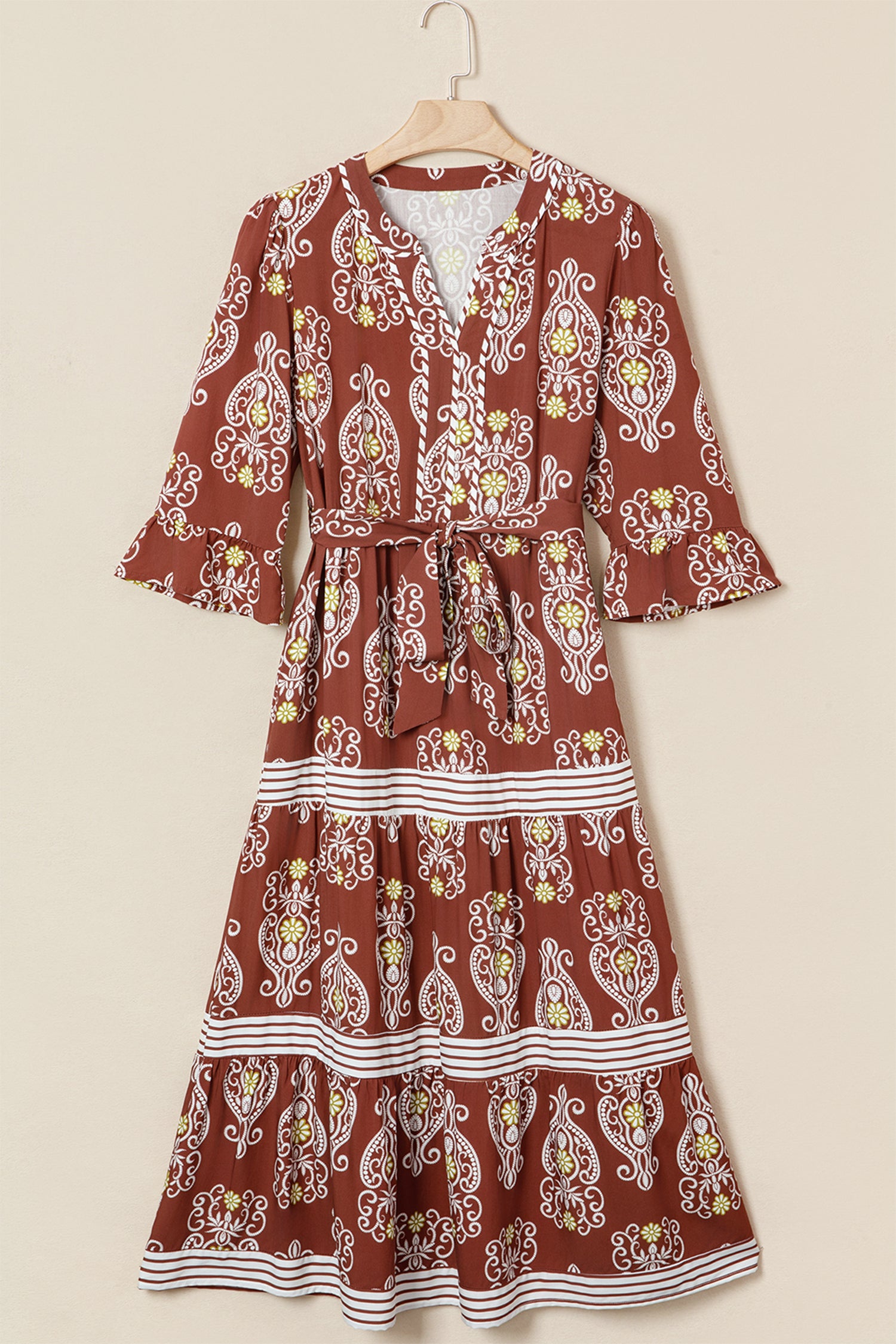 Brown Floral Print Belted Striped Trim Tiered Maxi Dress | Boho Summer