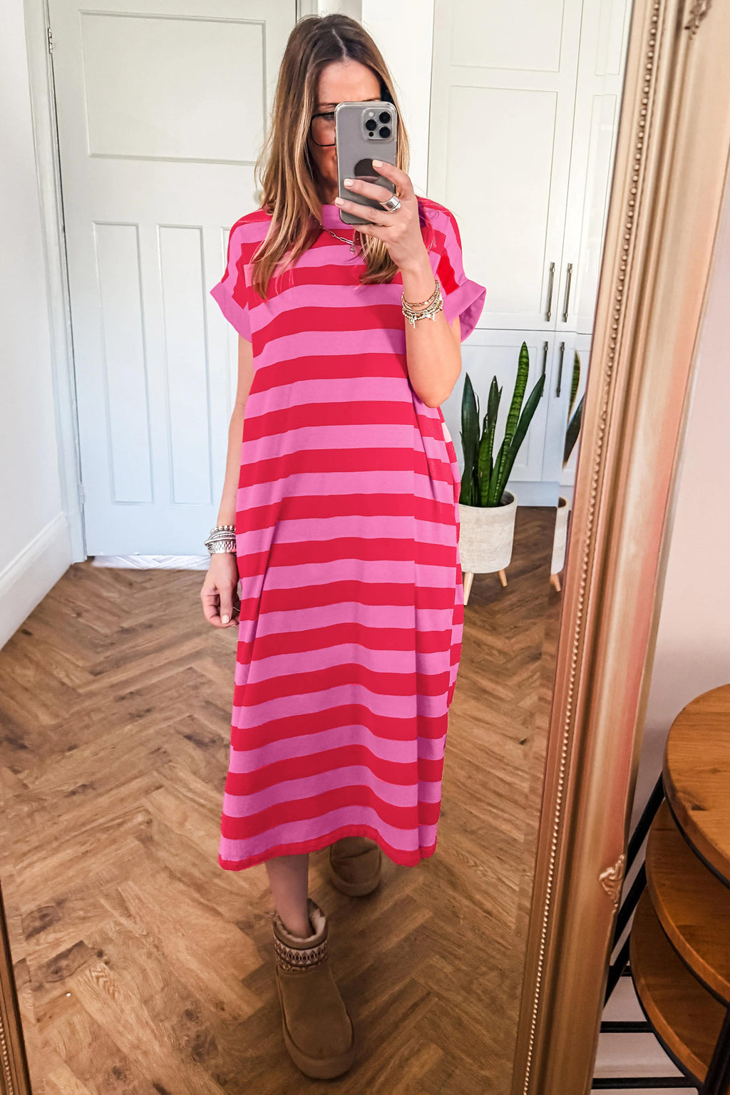 Rose & Orange Stripe Cuffed Short Sleeve Pocketed T-Shirt Maxi Dress | UK 8–22