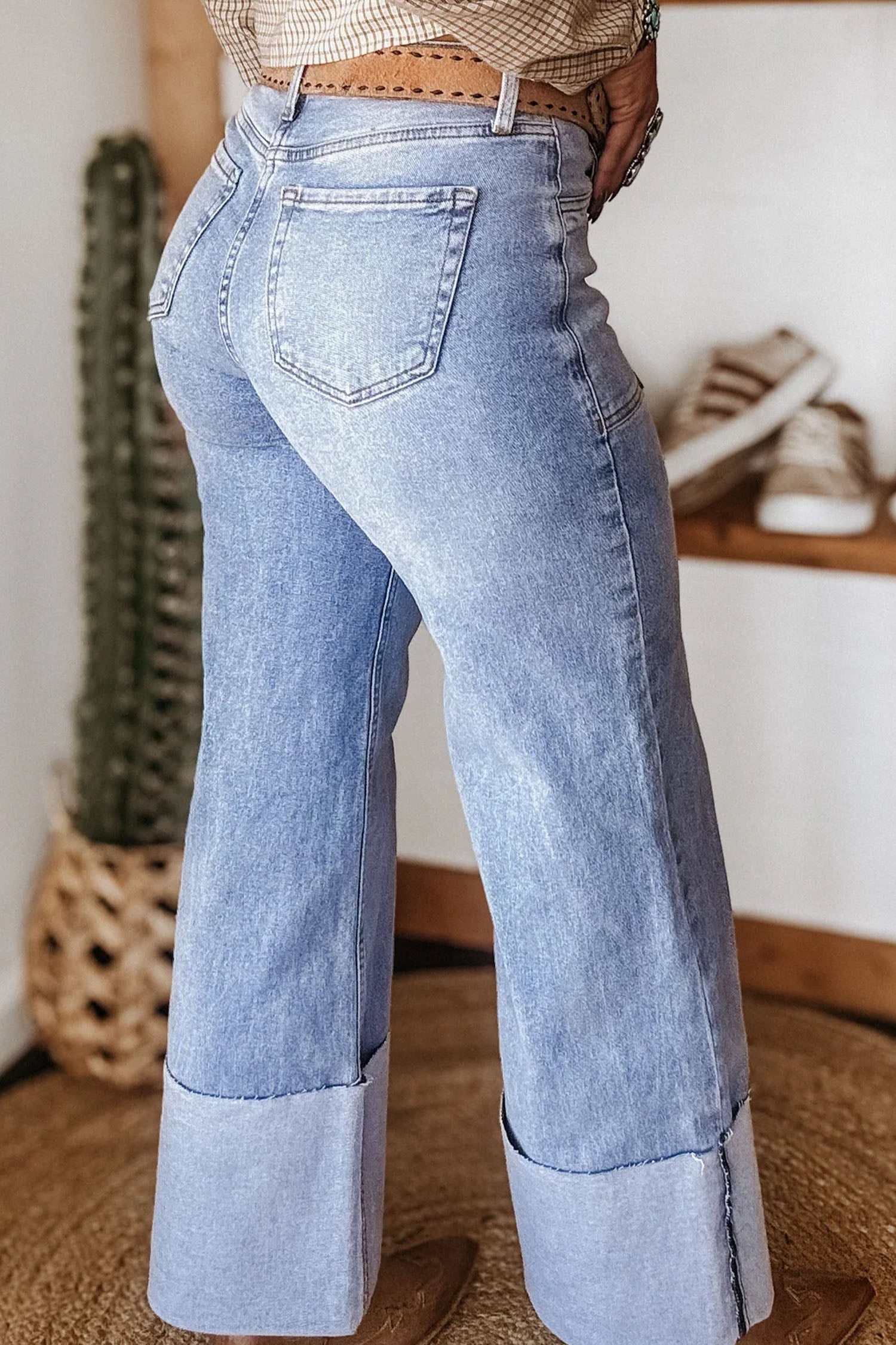 Beau Blue Turn-Up Cuff Loose Wide Leg Jeans | UK Sizes 4-16