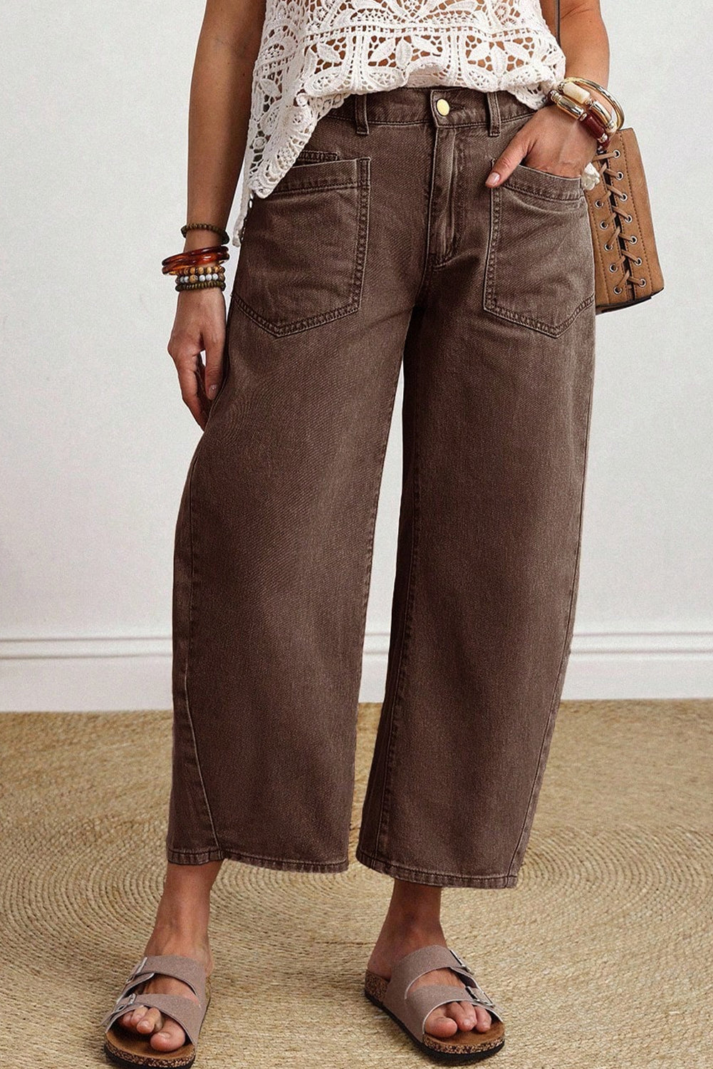 Women's Brown Barrel Leg Jeans Square Patch Pocket Ankle Length UK 4-16 at LivelyLooks