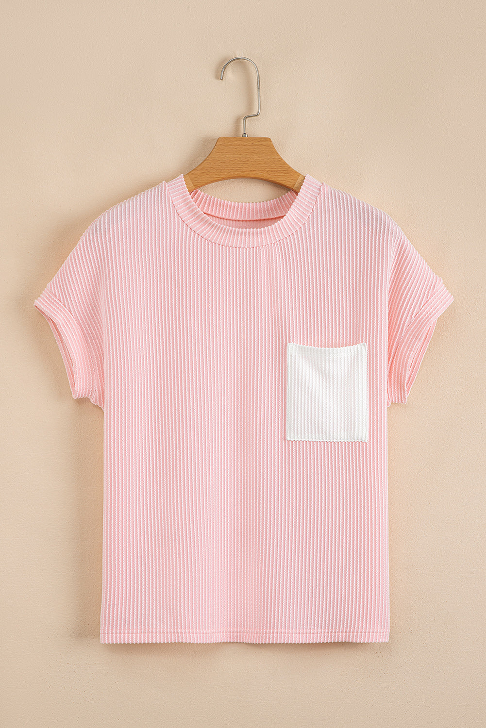 Corded Rib Knit Colour Block Patch Pocket Crew Neck Tee | Pink Blue Grey