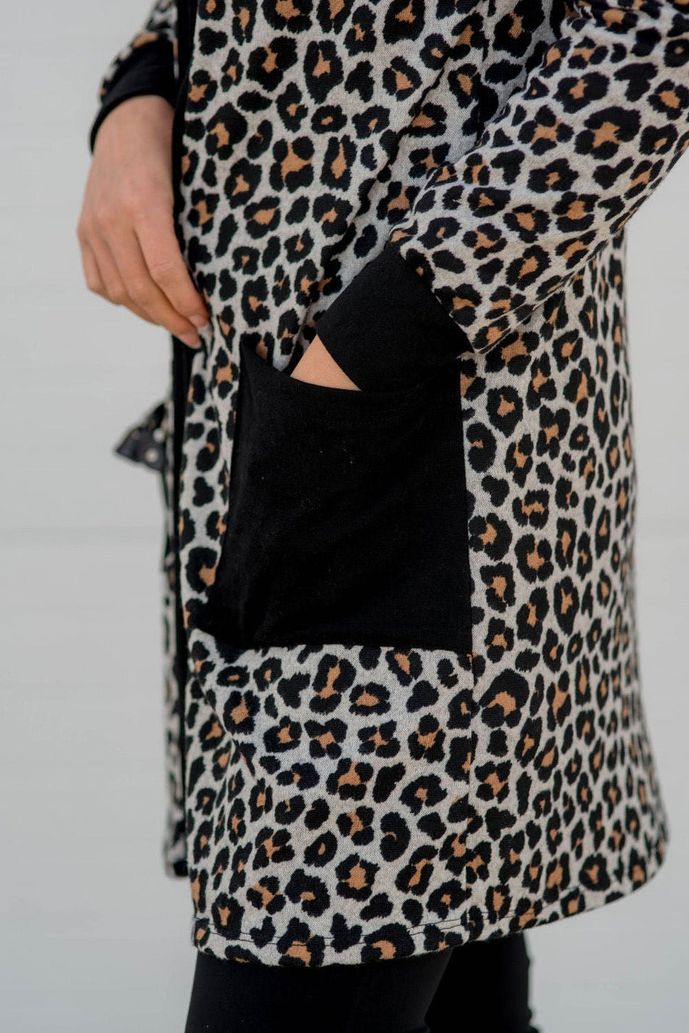 LivelyLooks Black Leopard Patched Pocket Open Front Knit Cardigan S-XL women's fashion