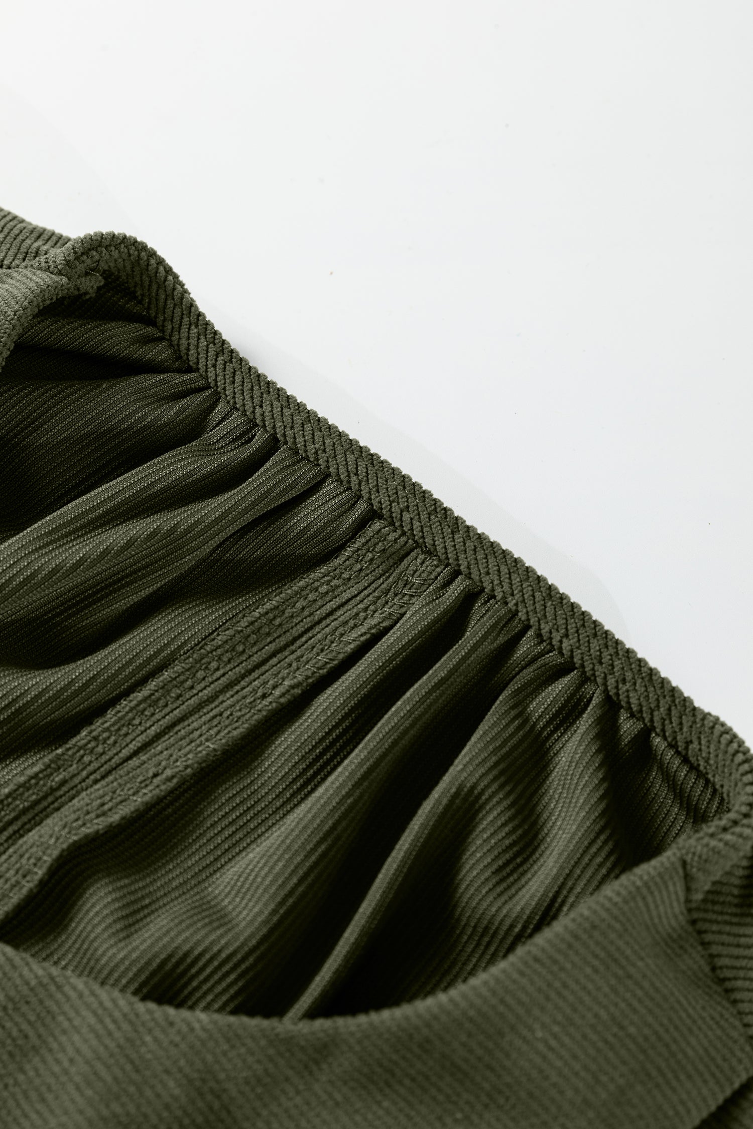 Corduroy Mini Dress Scallop Detail Split Neck Bracelet Sleeve Moss Green Cinnamon S-XL