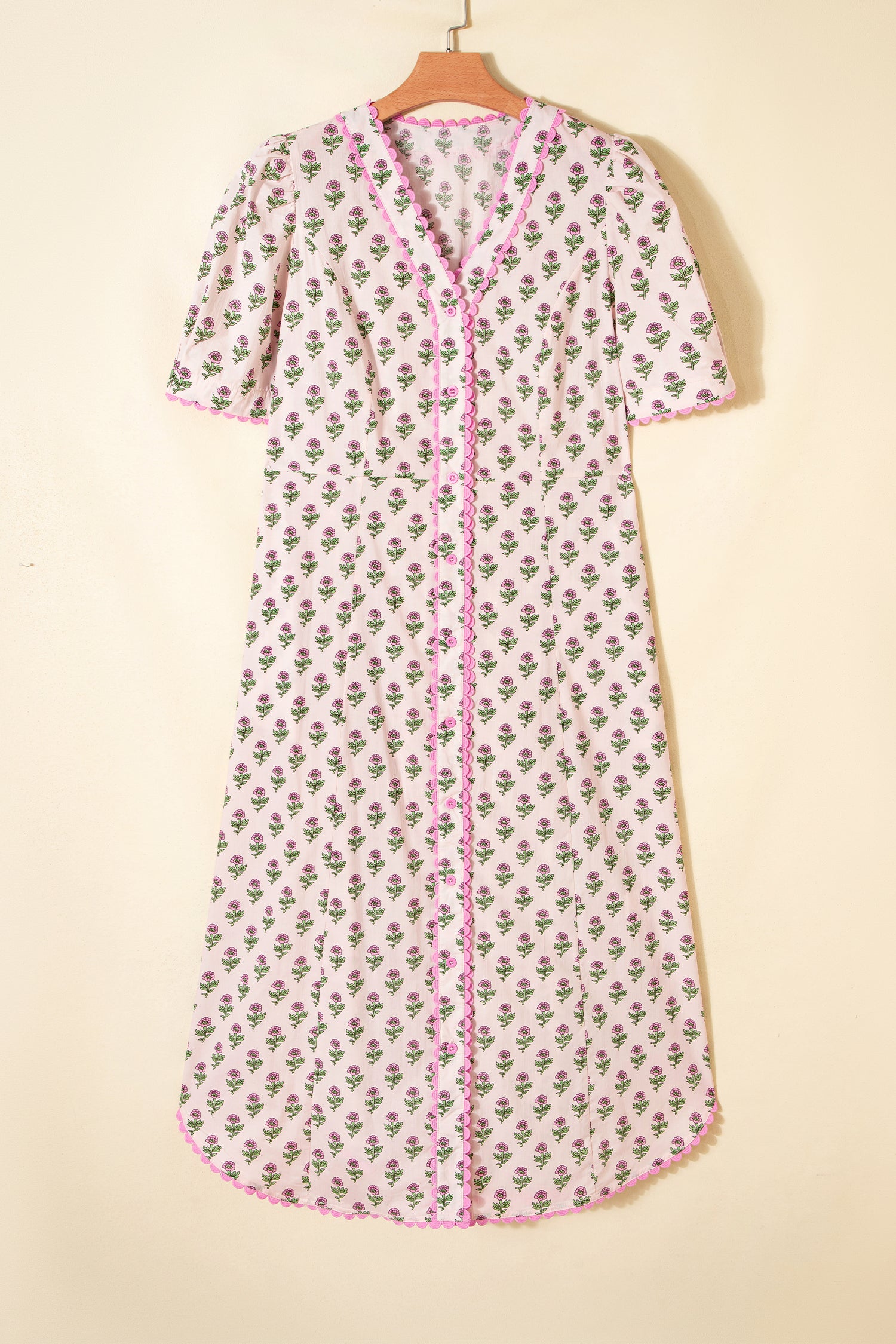 Women's Pink Floral V-Neck Scallop Trim Button Front Short Sleeve Maxi Dress at LivelyLooks