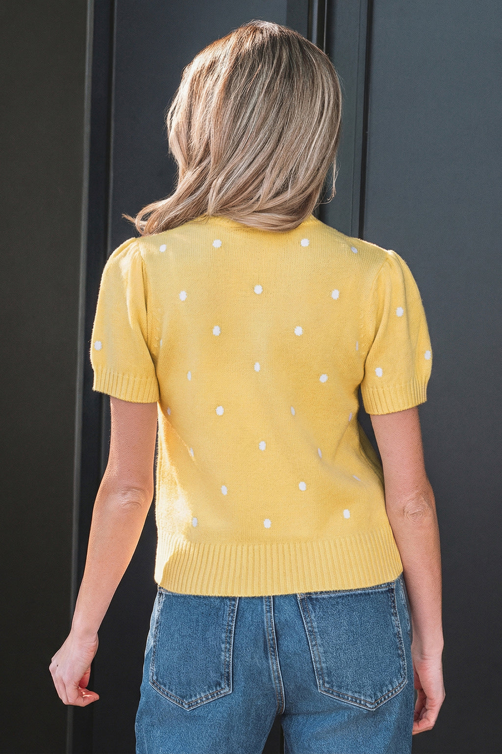 LivelyLooks Yellow Cream Elegant Polka Dot Bubble Short Sleeve Sweater women's fashion