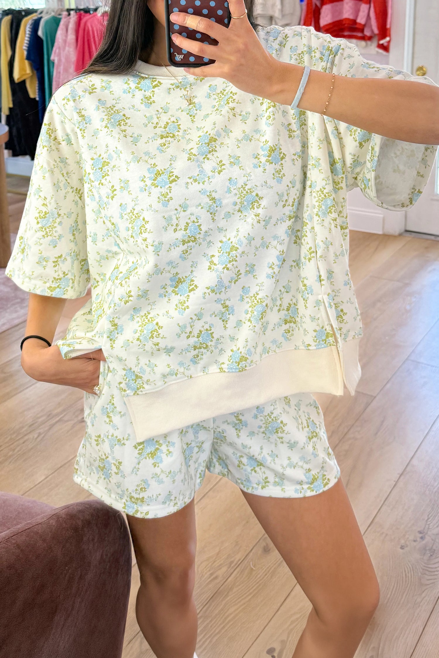 Floral Print Two Piece Short Set | Sky Blue & Pink | S-XL