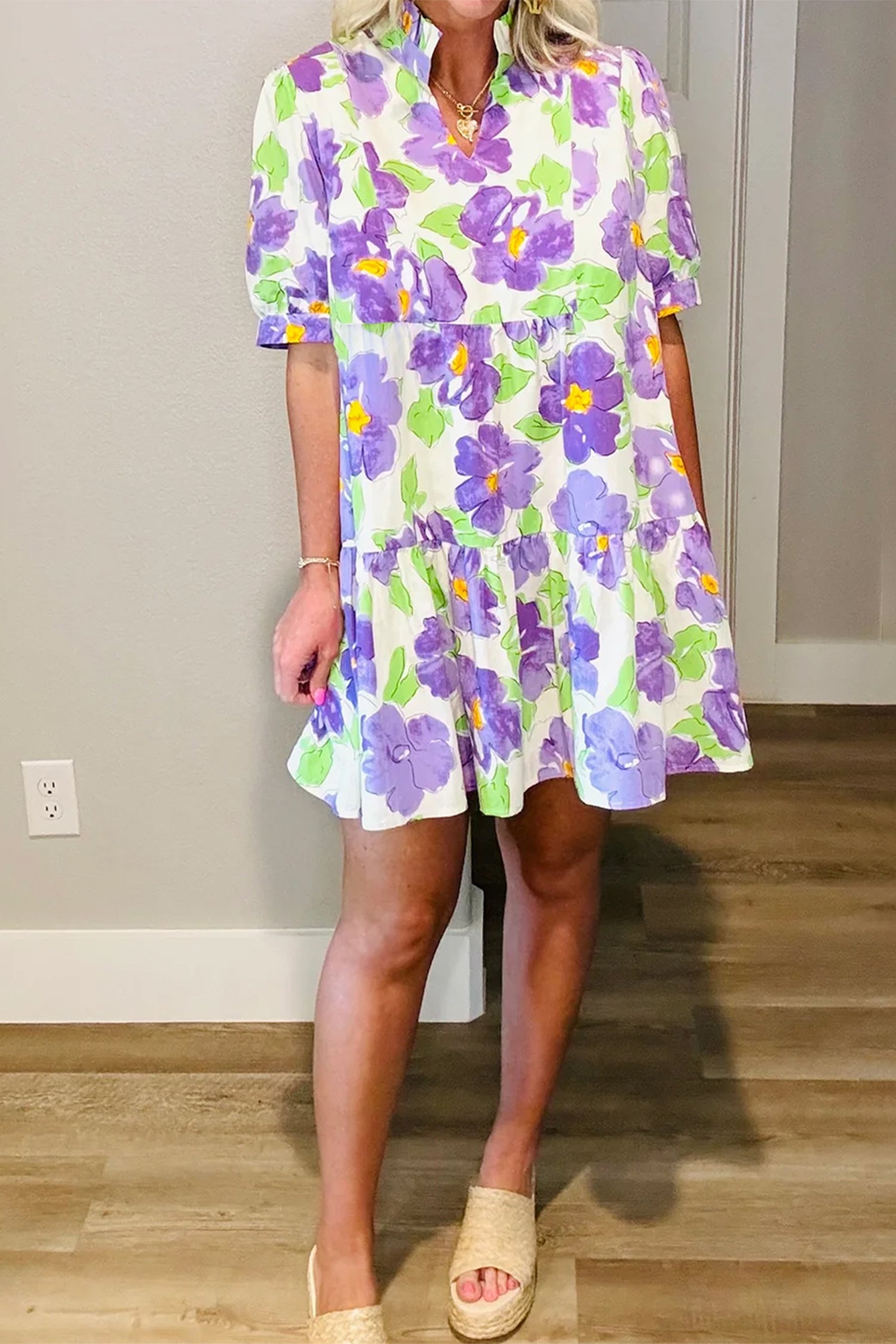 Purple Floral V Collar Short Sleeve Tiered Ruffle Mini Dress S-XL