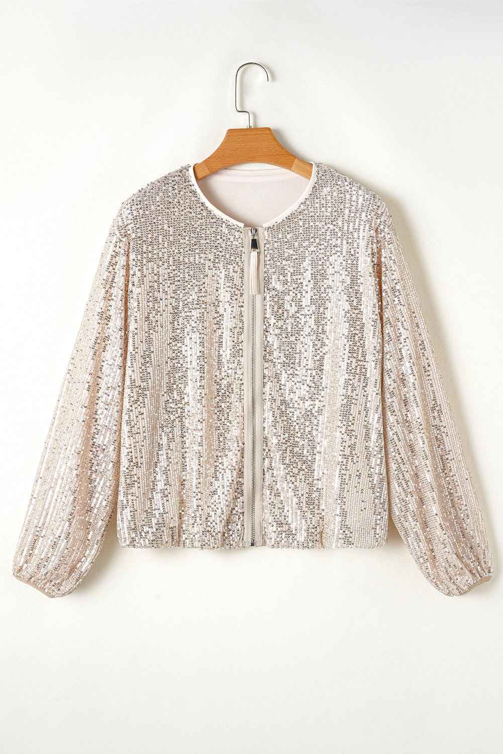 LivelyLooks Sequin Zip Up Round Neck Long Sleeve Jacket Sparkle Glitter Party Bomber Coat women's fashion