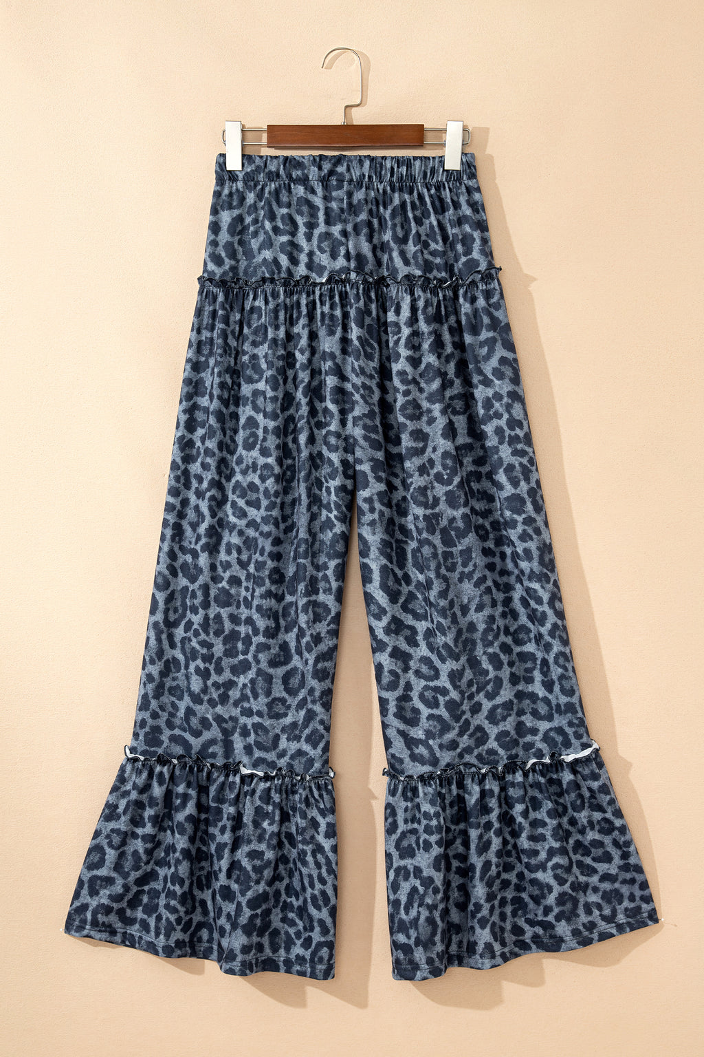 Grey Leopard Print Frilled Drawstring Wide Leg Trousers
