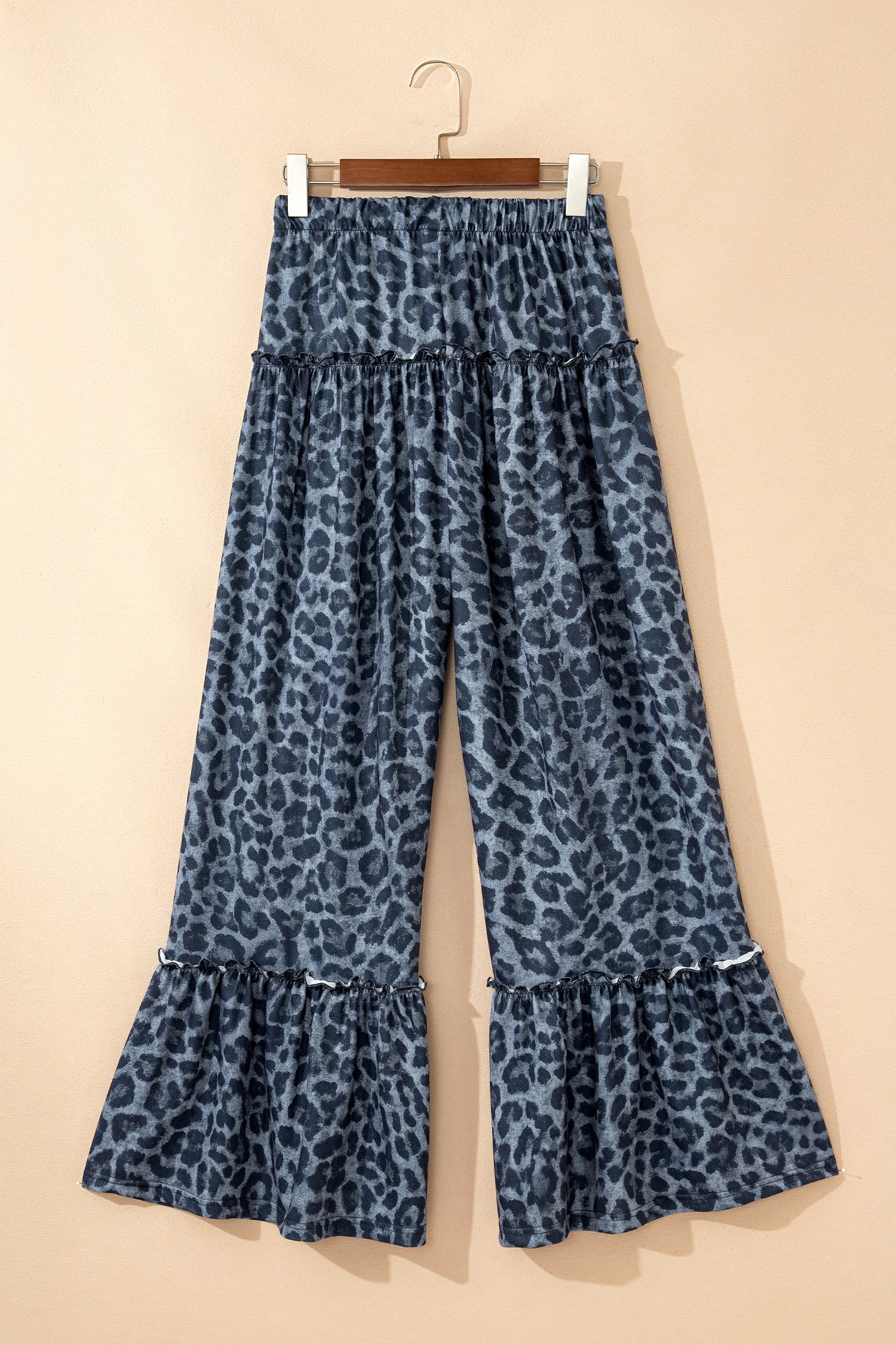 Grey Leopard Print Frilled Drawstring Wide Leg Trousers
