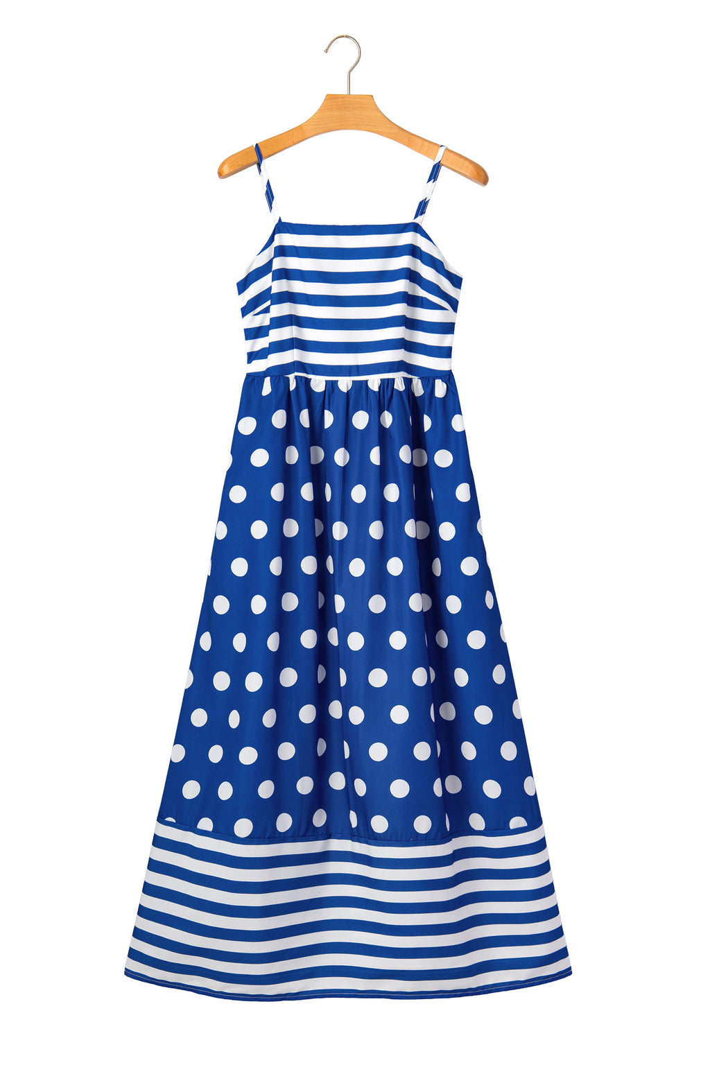 Women's Blue Striped Polka Dot Patchwork High Waist Maxi Dress at LivelyLooks