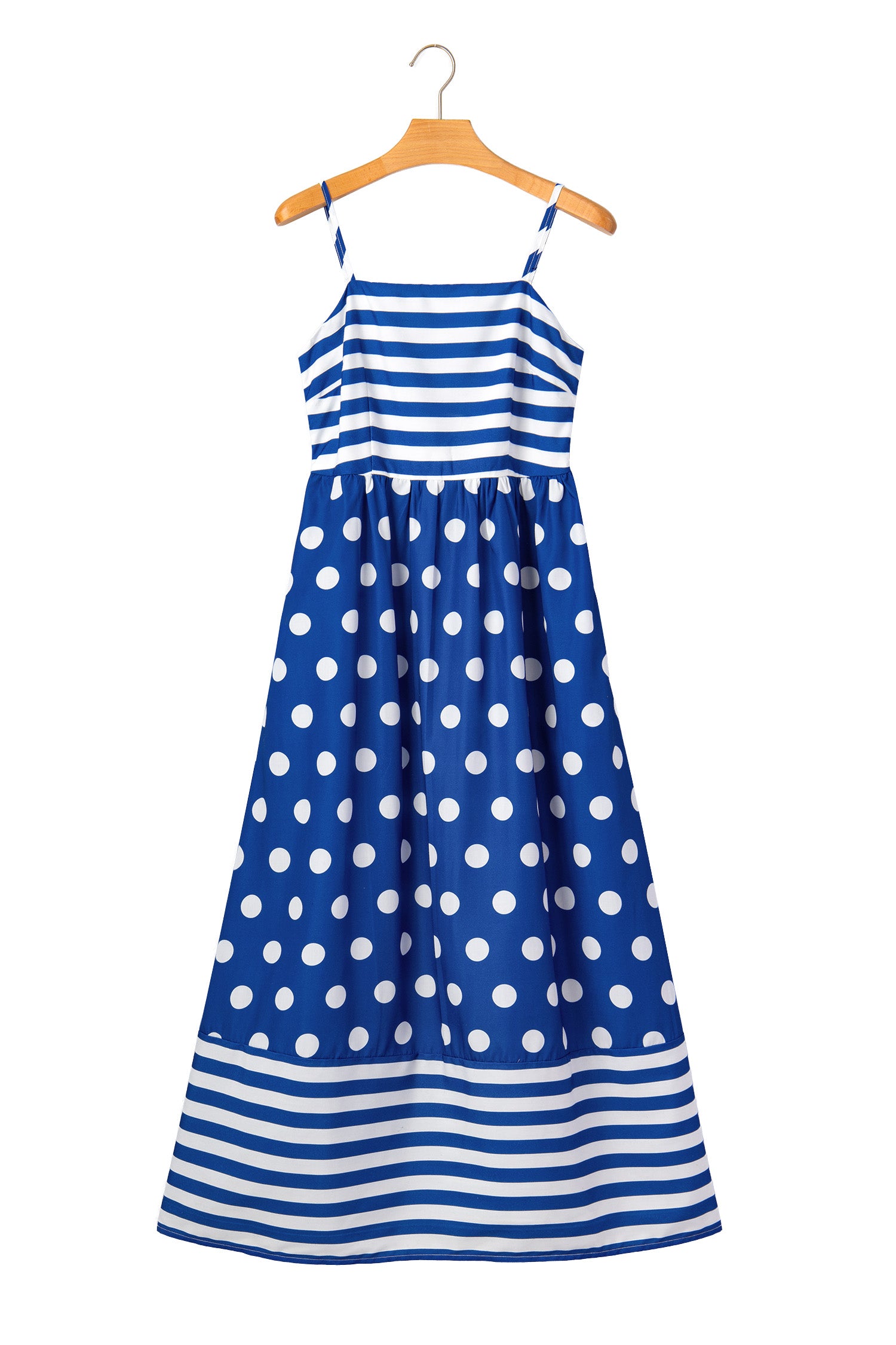 Women's Blue Striped Polka Dot Patchwork High Waist Maxi Dress at LivelyLooks