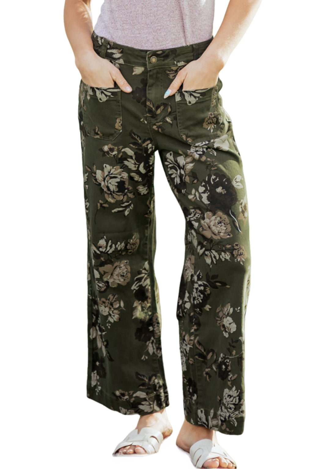 Green Vintage Floral Print Shift Jeans Square Patch Pocket Raw Hem UK 4-16
