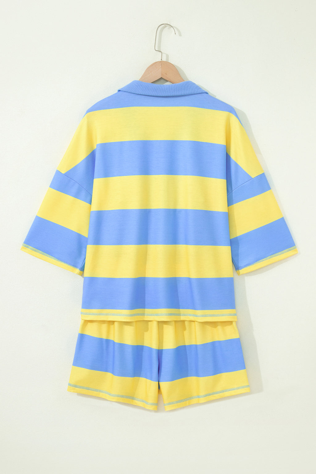 Seam Detail Half-Zip Tee & Casual Shorts Co-ord | Pink, Sky Blue & Yellow Stripe