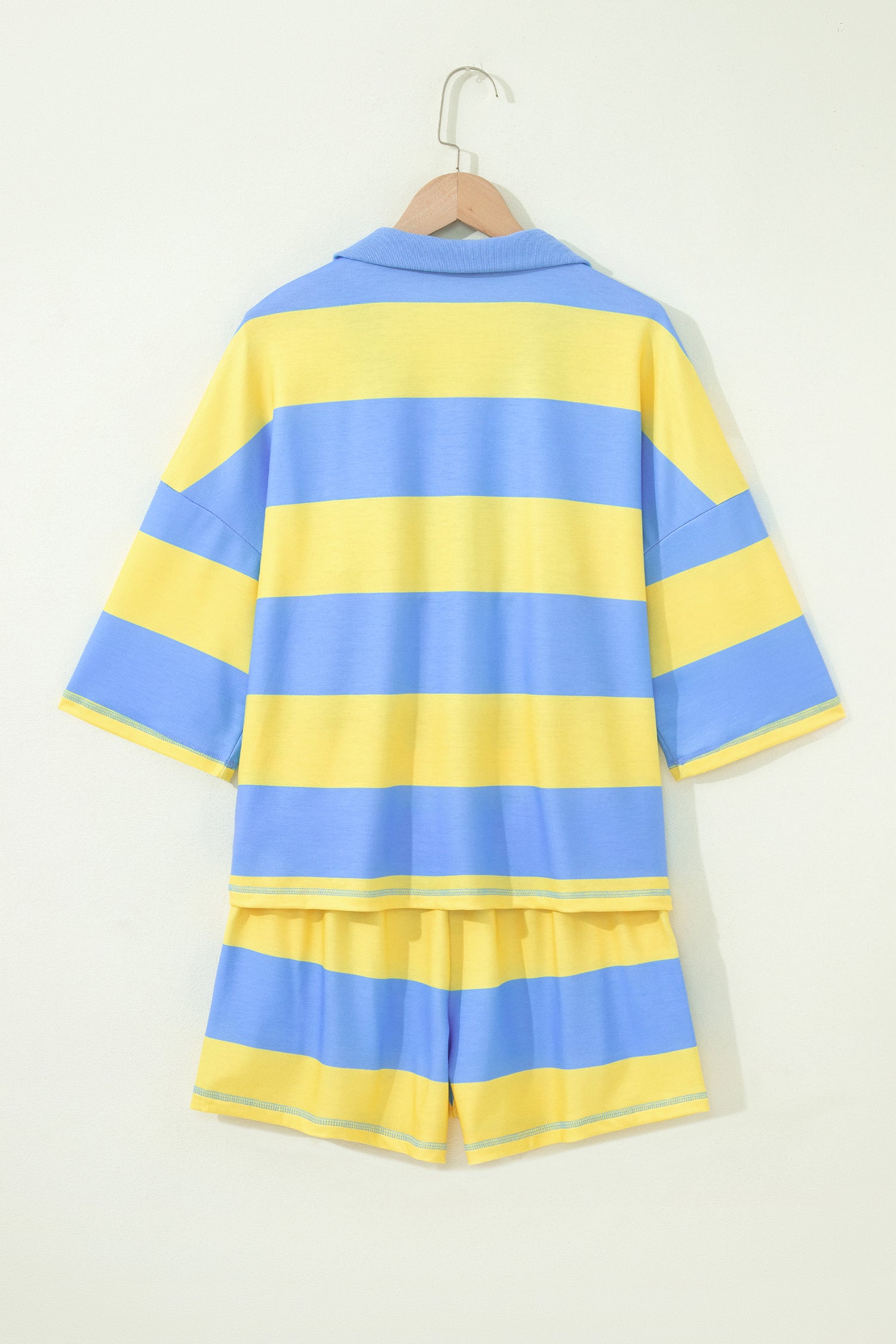 Seam Detail Half-Zip Tee & Casual Shorts Co-ord | Pink, Sky Blue & Yellow Stripe