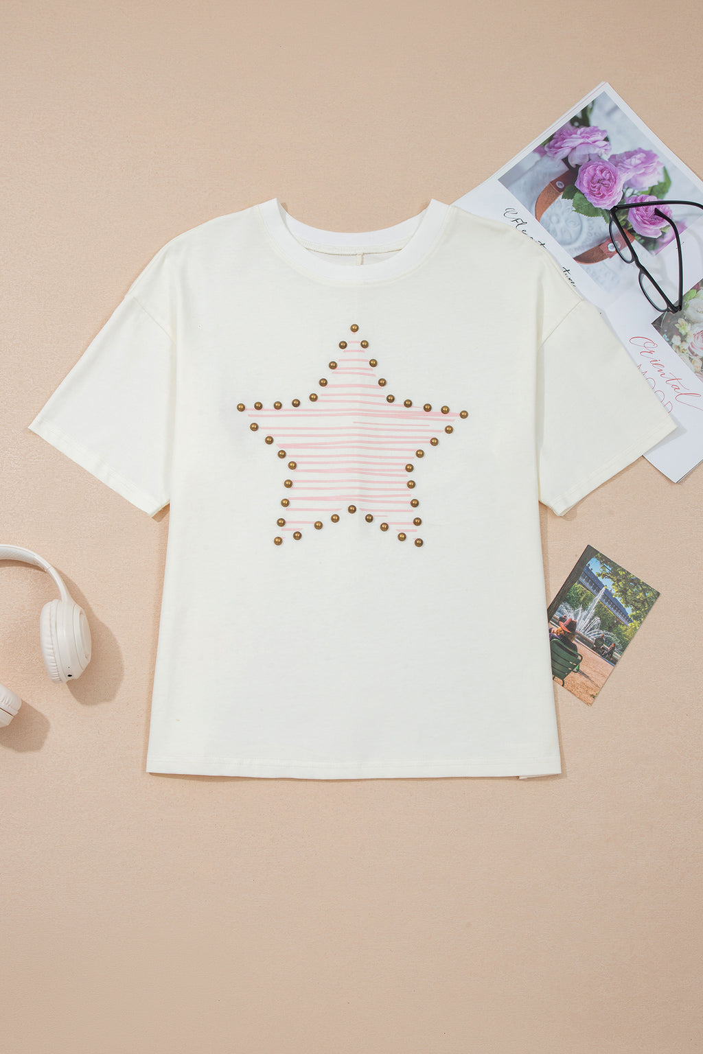LivelyLooks Beige Star Print Stud Detail Cotton Jersey Top S-XL women's fashion